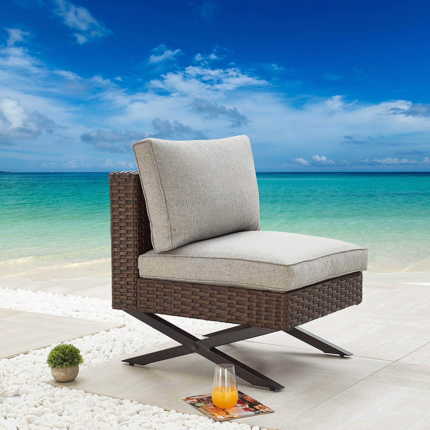 Festival Depot Wicker Patio Chair - Armless Dining Chair with Thick Cushions, Rattan Back & Seat - All-Weather Outdoor Furniture for Garden, Yard & Poolside - Perfect for Relaxing, Entertaining & Dining Al Fresco