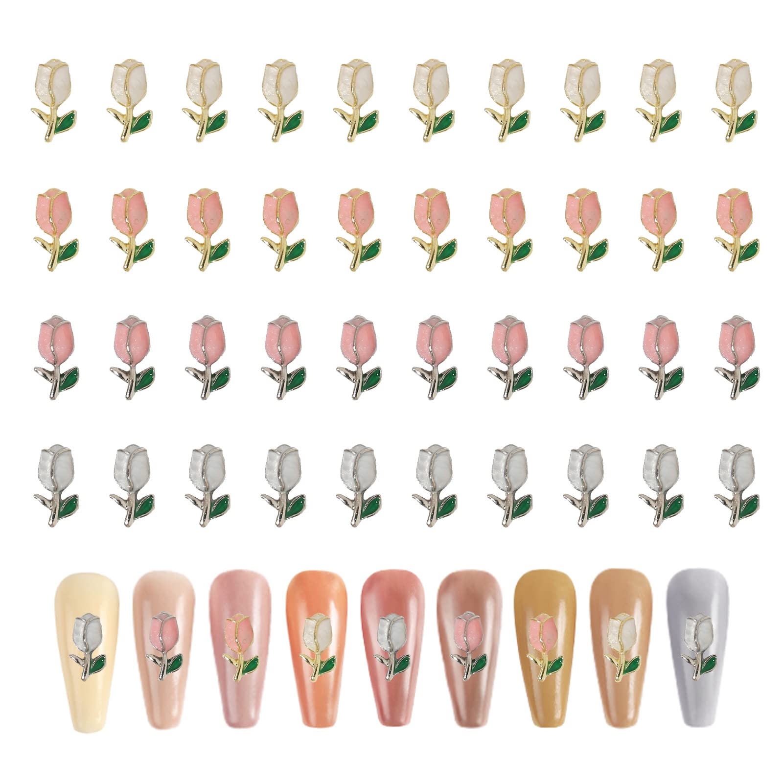 40PCS 3D Tulip Nail Art Charms - Flat Back Flower Nail Decorations for DIY Nail Designs | Perfect for Spring Nails, Bridal Manicures & Women's Nail Art Accessories