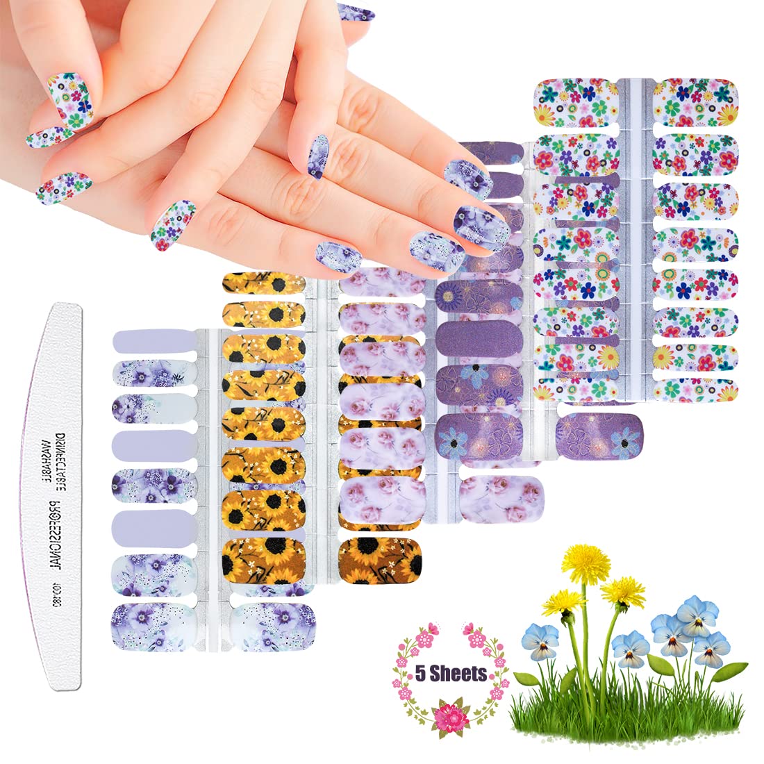 5 Sheets Spring Flower Full Nail Wraps - Floral Nail Polish Strips with Nail File | DIY Gel Nail Art Stickers for Women | Perfect for Parties, Weddings & Everyday Wear
