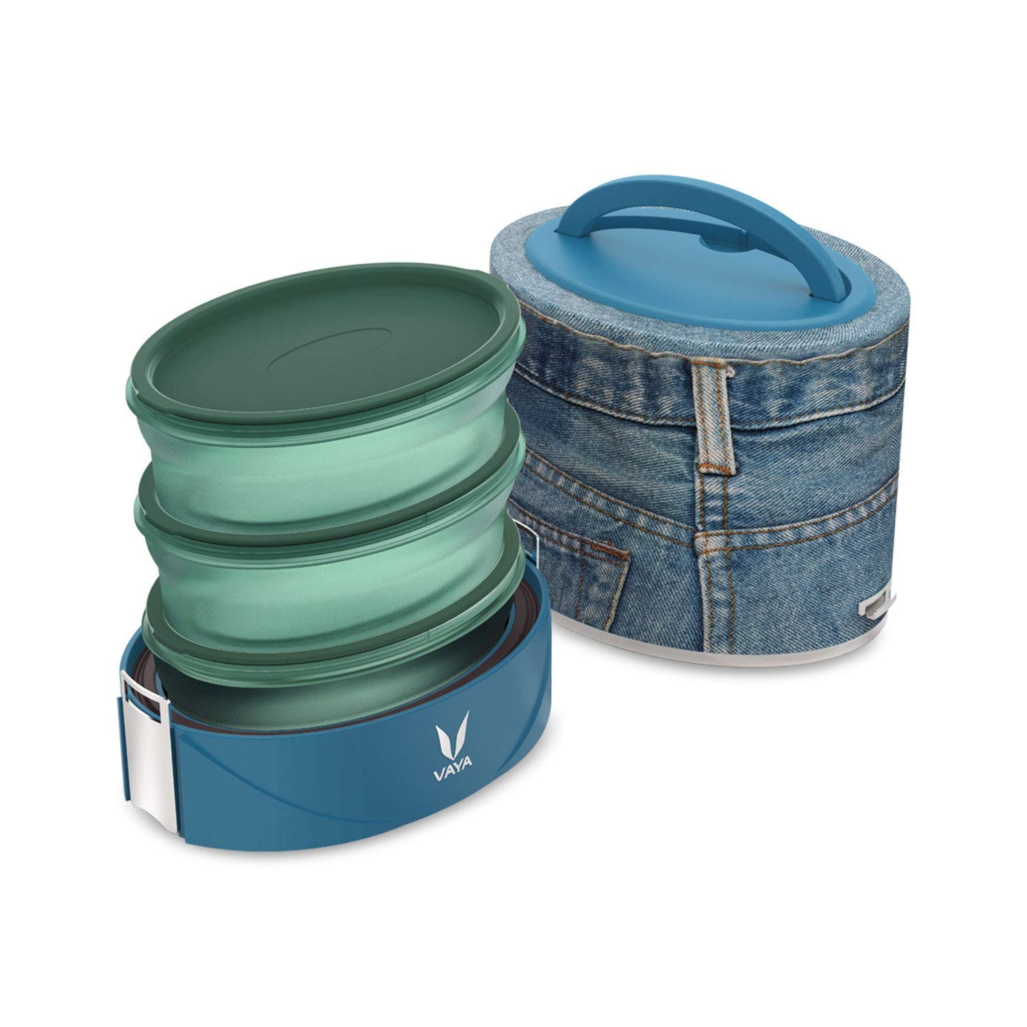 Premium Vacuum Insulated Stainless Steel Lunch Box - VAYA TYFFYN Flex 1000ml BPA-Free Microwave Safe Food Container with 3 Compartments | Leakproof Office Tiffin for Men & Women | Perfect for Meal Prep, Work Lunch & Outdoor Activities | Denim Design