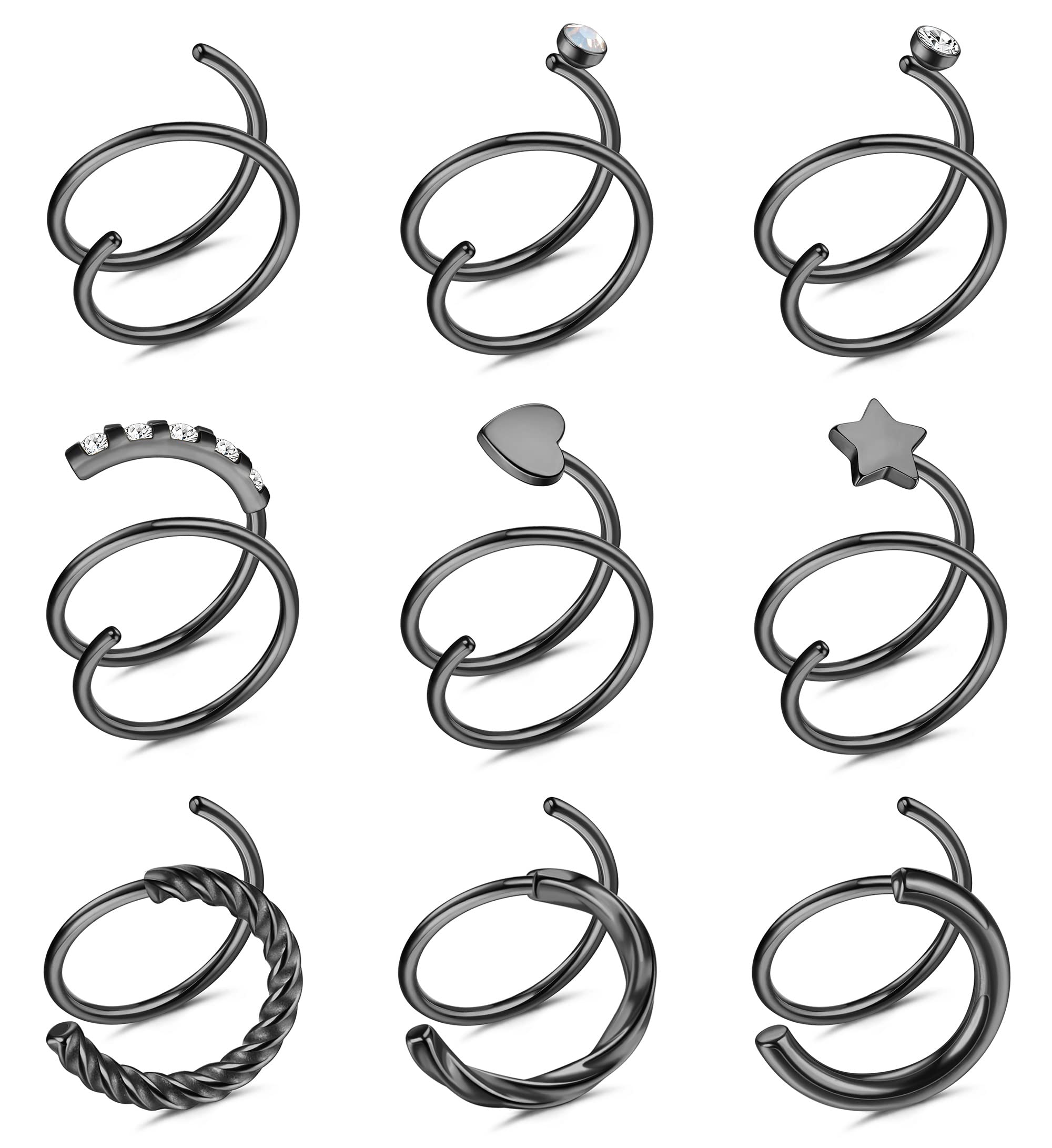 JeryWe 9 Pcs 20G Surgical Steel Double Hoop Nose Rings & Corkscrew Earrings - 8mm Faux Double Piercing Jewelry for Women | Perfect for Everyday Wear, Parties & Gifts