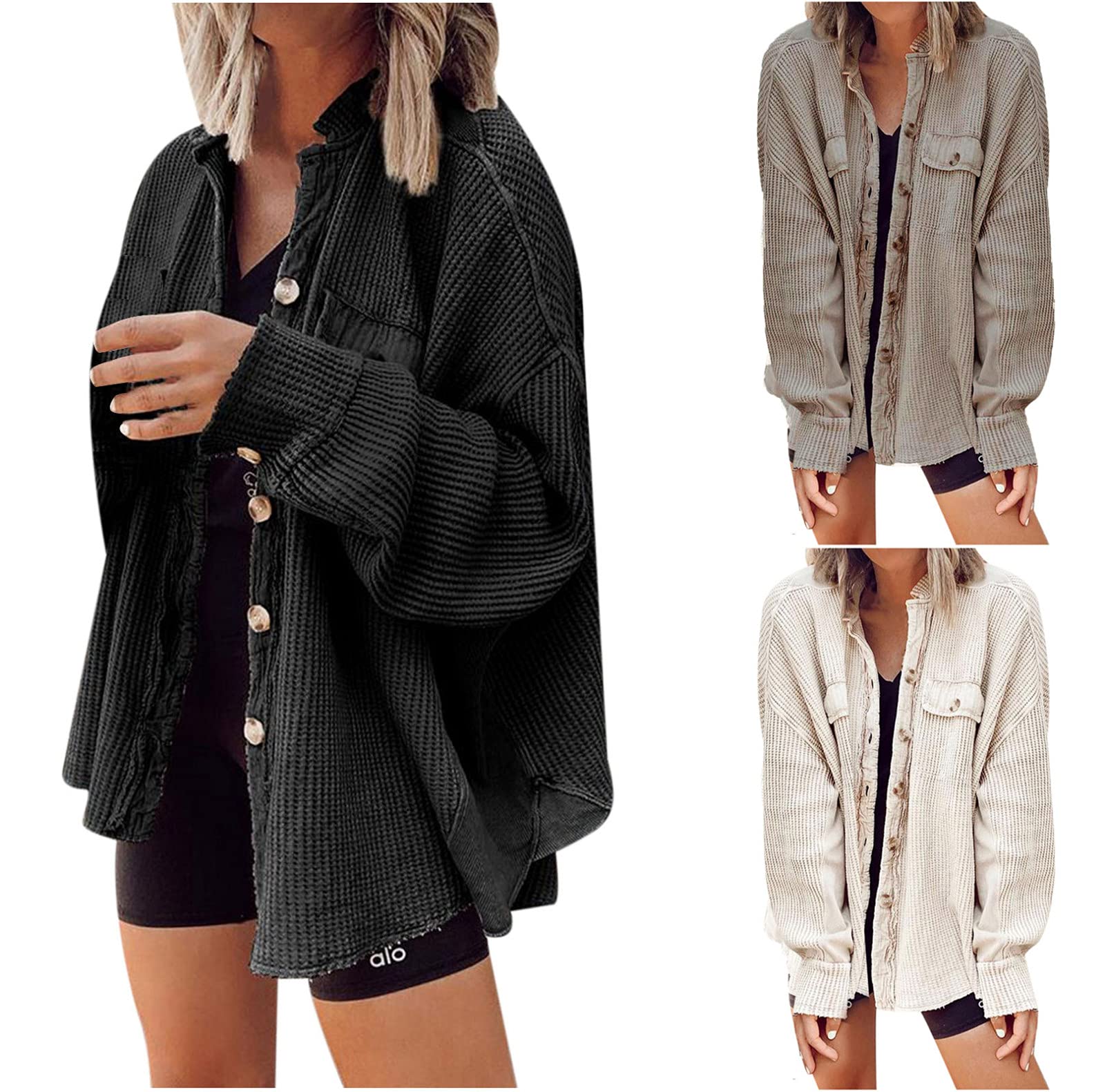 Women's Fall Waffle Knit Button Down Cardigan - Long Sleeve Loose Fit Casual Jacket, Solid Color Comfortable Outerwear for Autumn Layering, Work & Weekend Outings