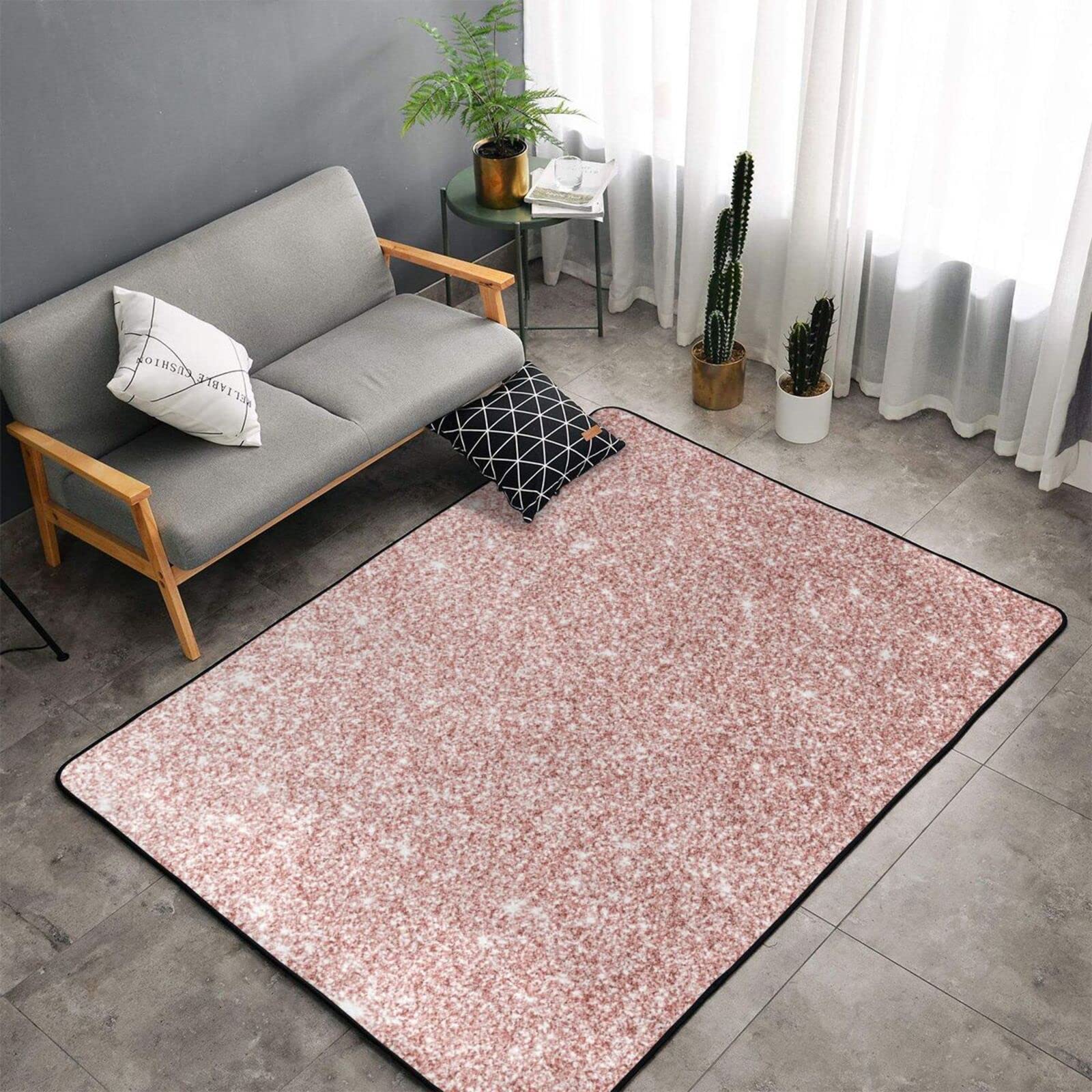 Soft Non-Slip Washable Rose Gold Glitter Area Rug - 3'x5' Luxury Sparkling Shiny Floor Carpet for Living Room, Bedroom & Kids Room - Perfect for Home Decor, Gift Giving & Cozy Spaces