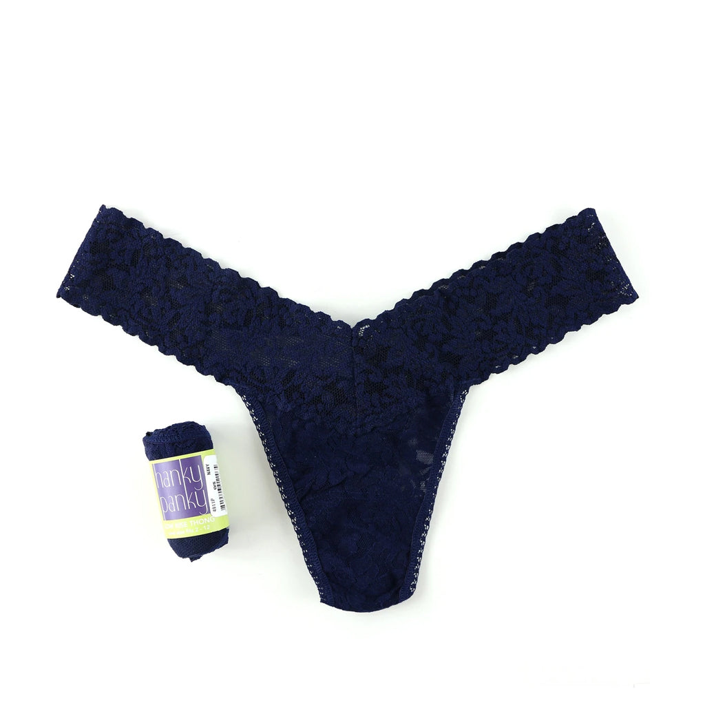 Hanky Panky Women's Comfortable Low Rise Thong Underwear - Navy Blue Lace Panties for Everyday Wear & Special Occasions