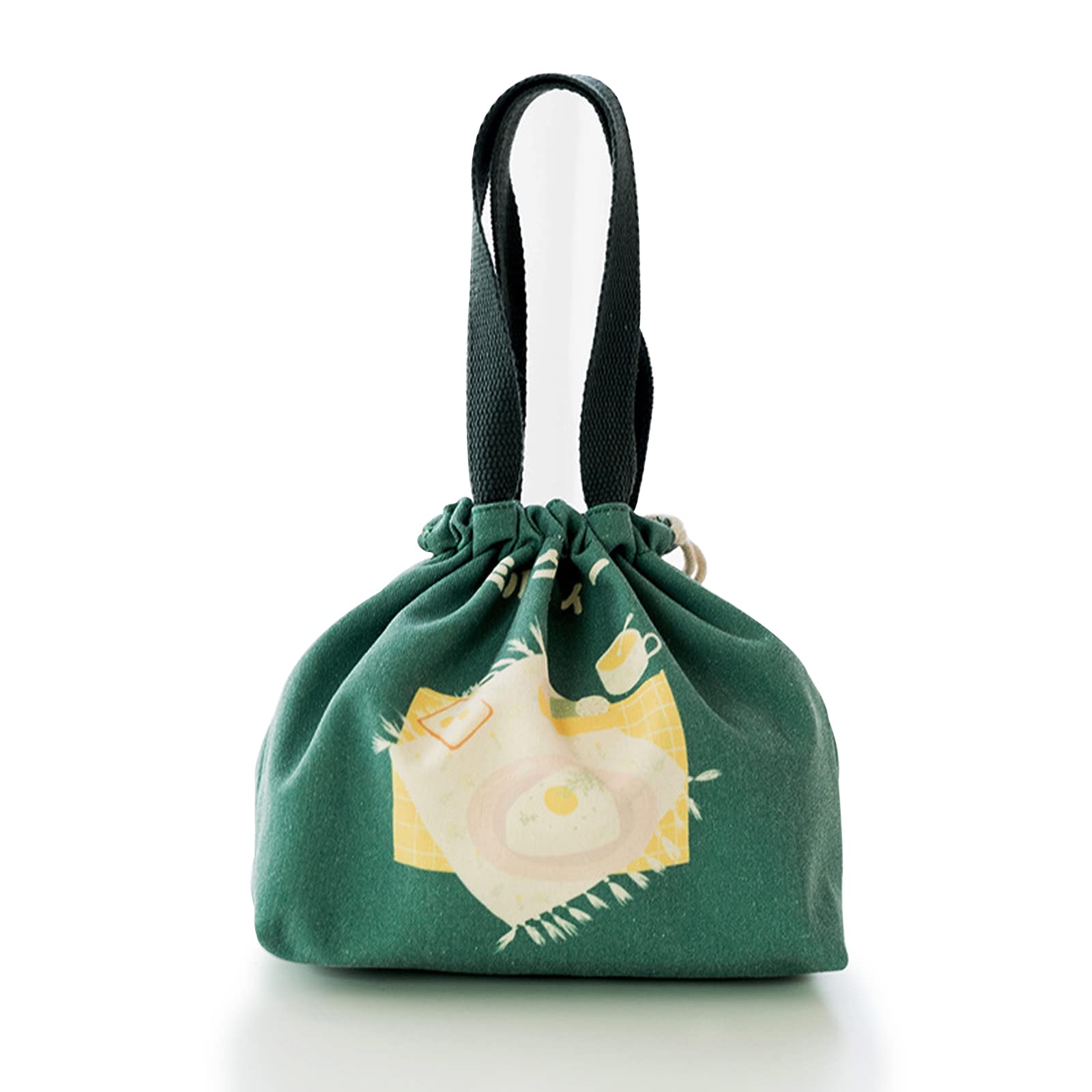 Benshukam Mini Reusable Lunch Tote Bag - Cute Drawstring Lunch Pouch for Women & Girls, Japanese Style Eco-Friendly Lunch Carrier (Green) | Perfect for School, Work, Picnics & Travel