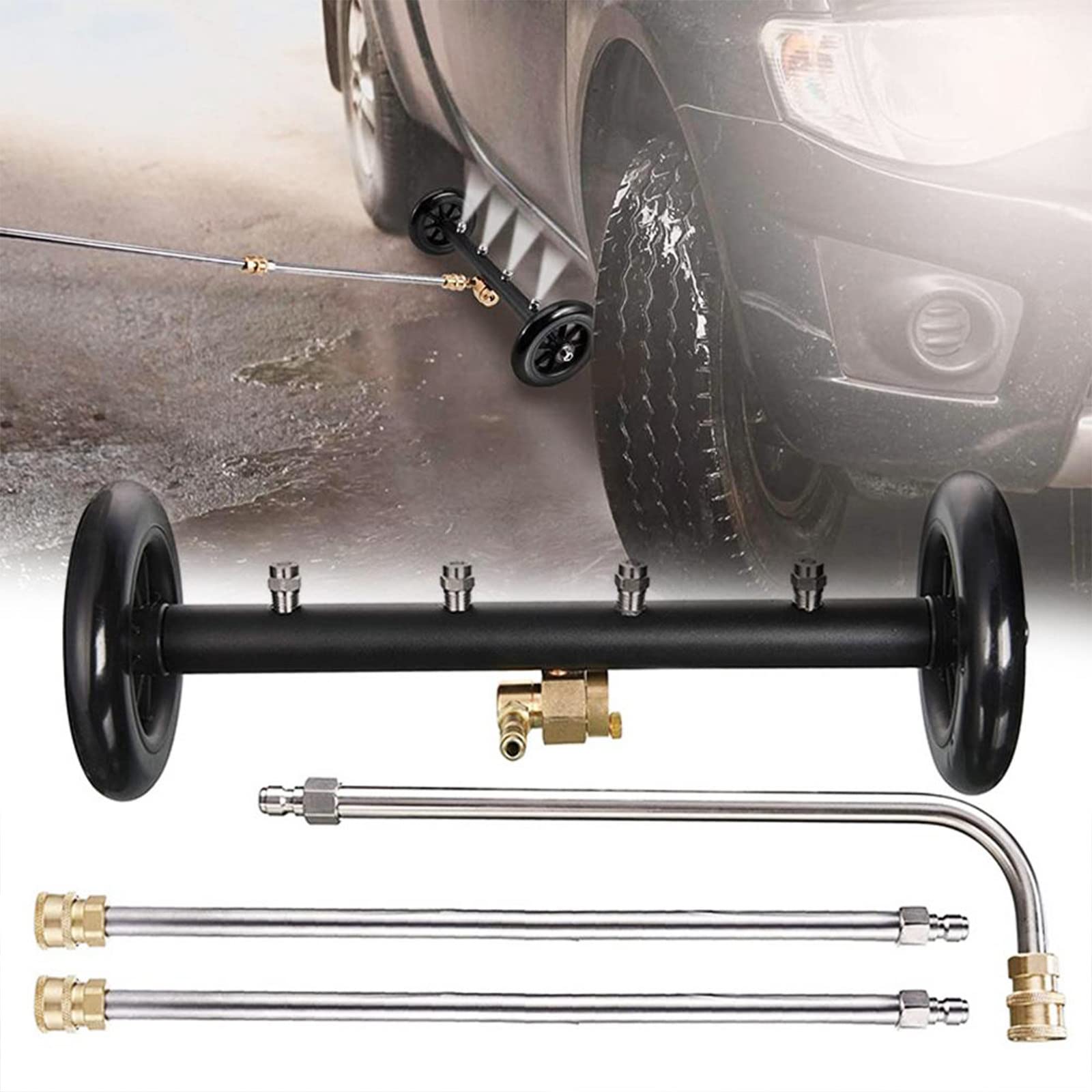 **4000 PSI 15.5 Inch Dual-Function Surface & Undercarriage Cleaner for Pressure Washer – Underbody Car Wash Water Broom with 2 Extension Wands (90° Angled & Straight) – Ideal for Cleaning Cars, Trucks, ATVs & Driveways**