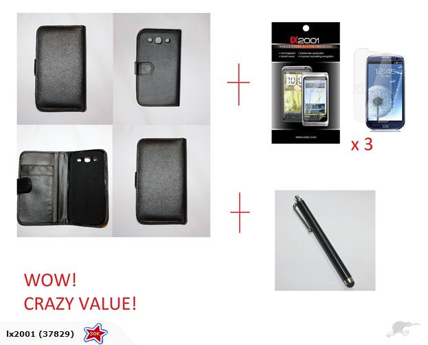3-Pack Samsung Galaxy S3 i9300 Genuine Leather Wallet Case with Built-in Stylus Pen - Perfect for Business Professionals & Daily Use