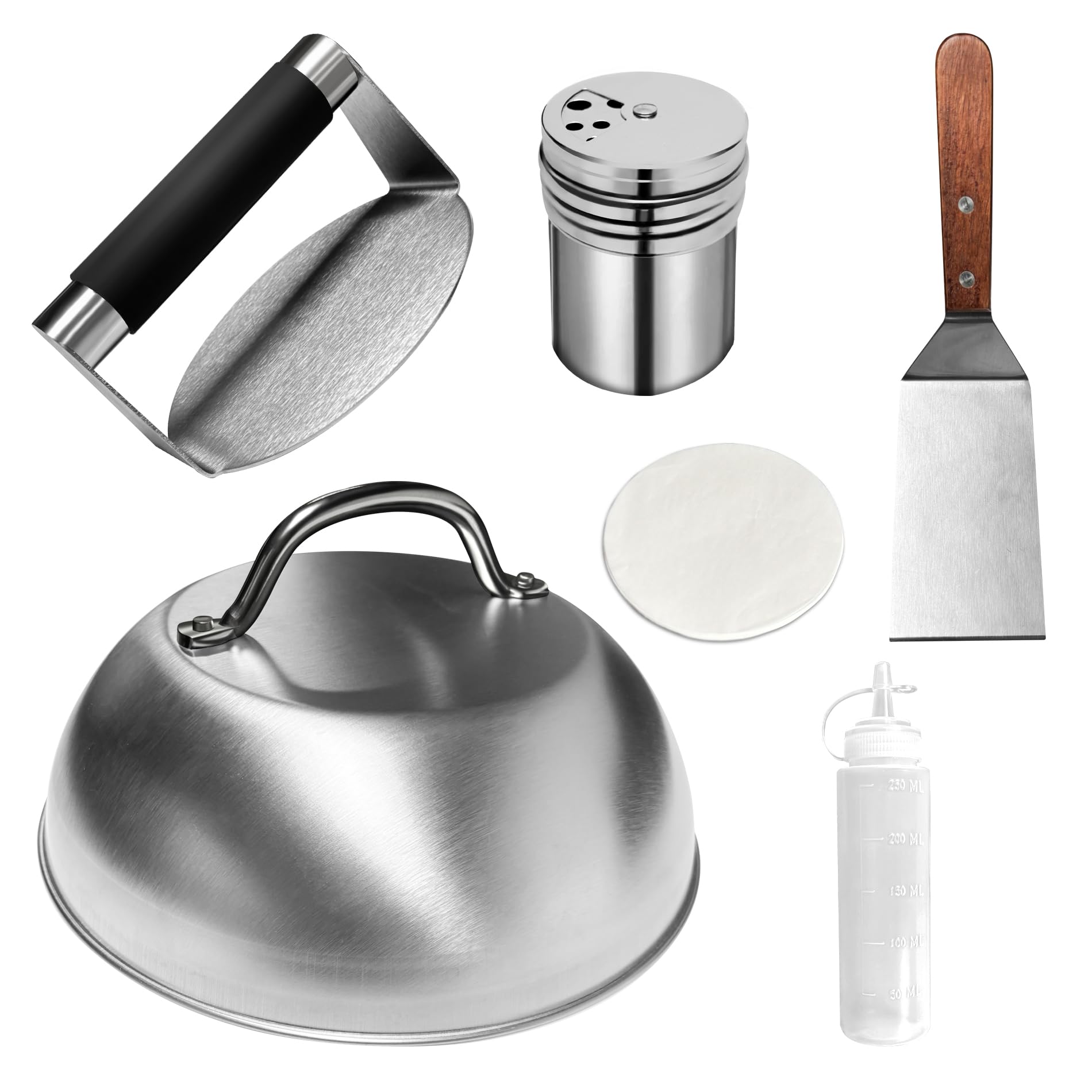 Premium Stainless Steel Burger Press Set - Smash Burger Maker with Metal Spatulas, Burger Dome, Wax Disc Papers & Squeeze Bottles - Perfect for BBQ, Grilling & Restaurant-Style Burgers at Home