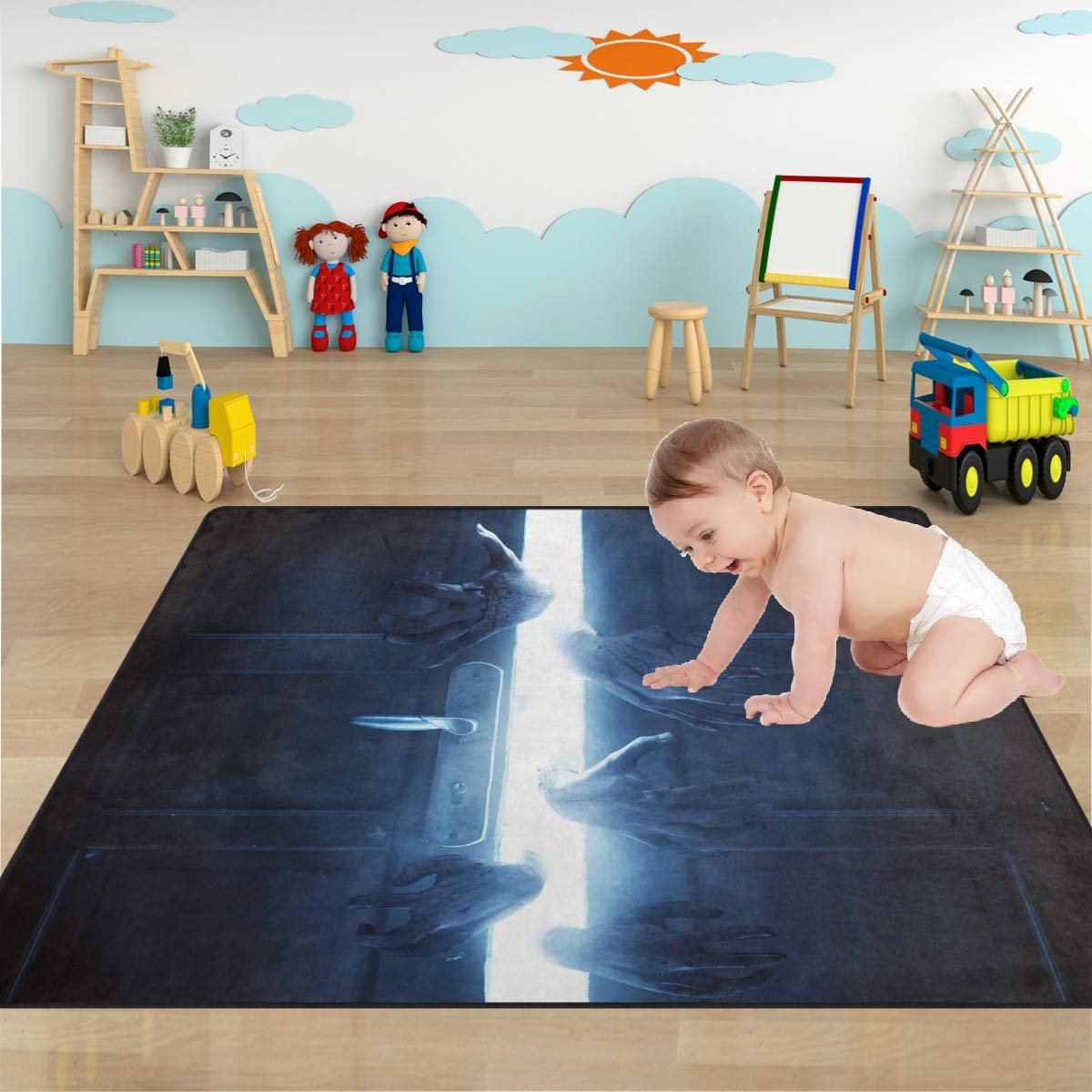 Halloween Zombie Hands Play Mat - 80x58 Inch Non-Slip Kids Area Rug for Baby Crawling, Children's Bedroom & Playroom | Spooky Decor, Trick-or-Treat Party, Haunted House Theme