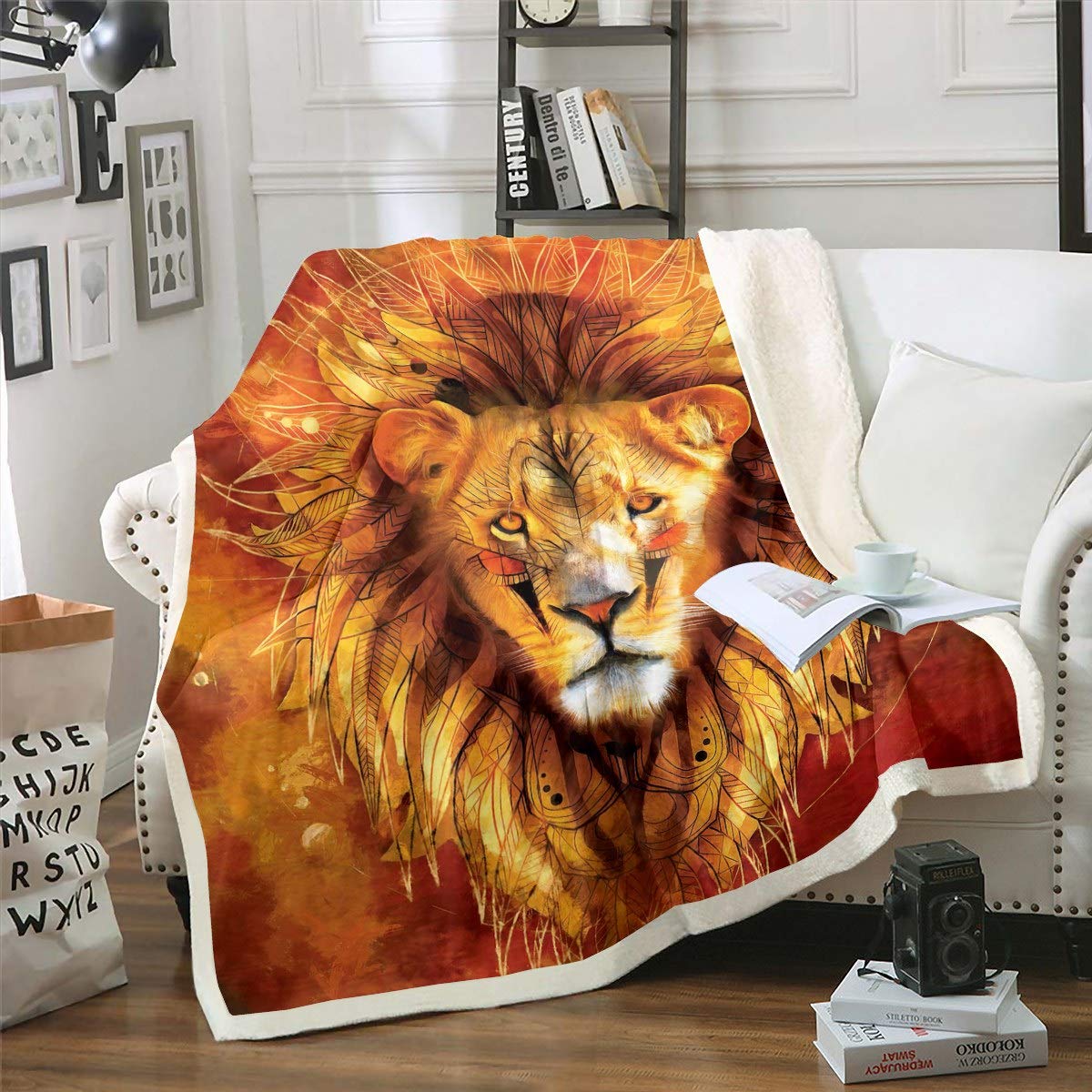 Soft Lion Fleece Throw Blanket for Sofa, Couch & Bed - Boho Wild Animal Pattern Plush Sherpa Blanket with Bohemian Dreamcatcher Design - Warm Fuzzy King Size 87x95 Inches - Perfect for Cozy Nights, Living Room Decor & Tribal Wildlife Themed Bedroom