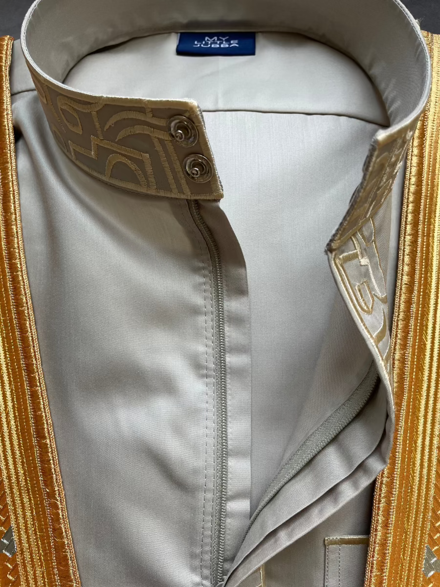 Premium Men's Light Grey Thobe with Gold Embroidery - 3 Piece Set for Eid, Wedding & Special Occasions