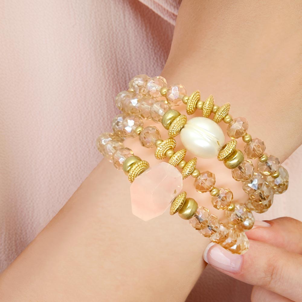 4PCS Pearl Accented Faceted Beads Stretch Bracelets for Women - Elegant Stackable Jewelry Set for Party, Wedding & Everyday Wear