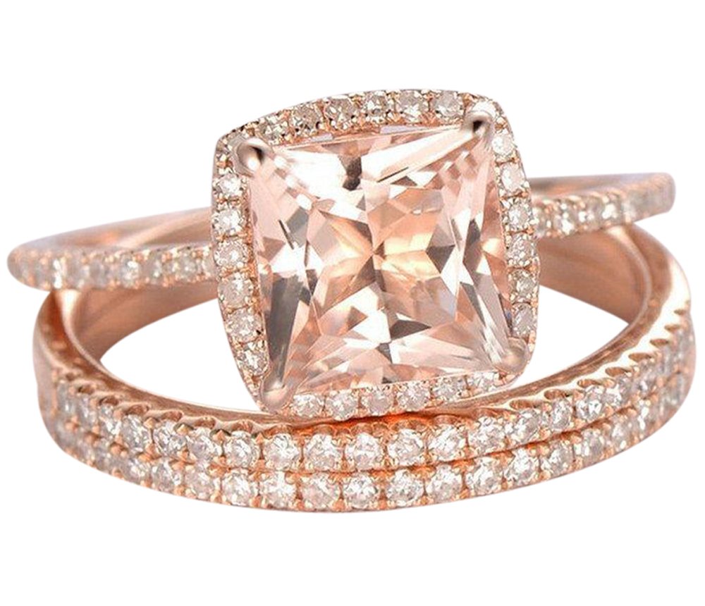 2 Carat Morganite & Diamond Trio Wedding Ring Set - 10k Rose Gold Engagement Ring with Matching Bands | Elegant Bridal Jewelry for Proposals, Anniversaries & Special Occasions