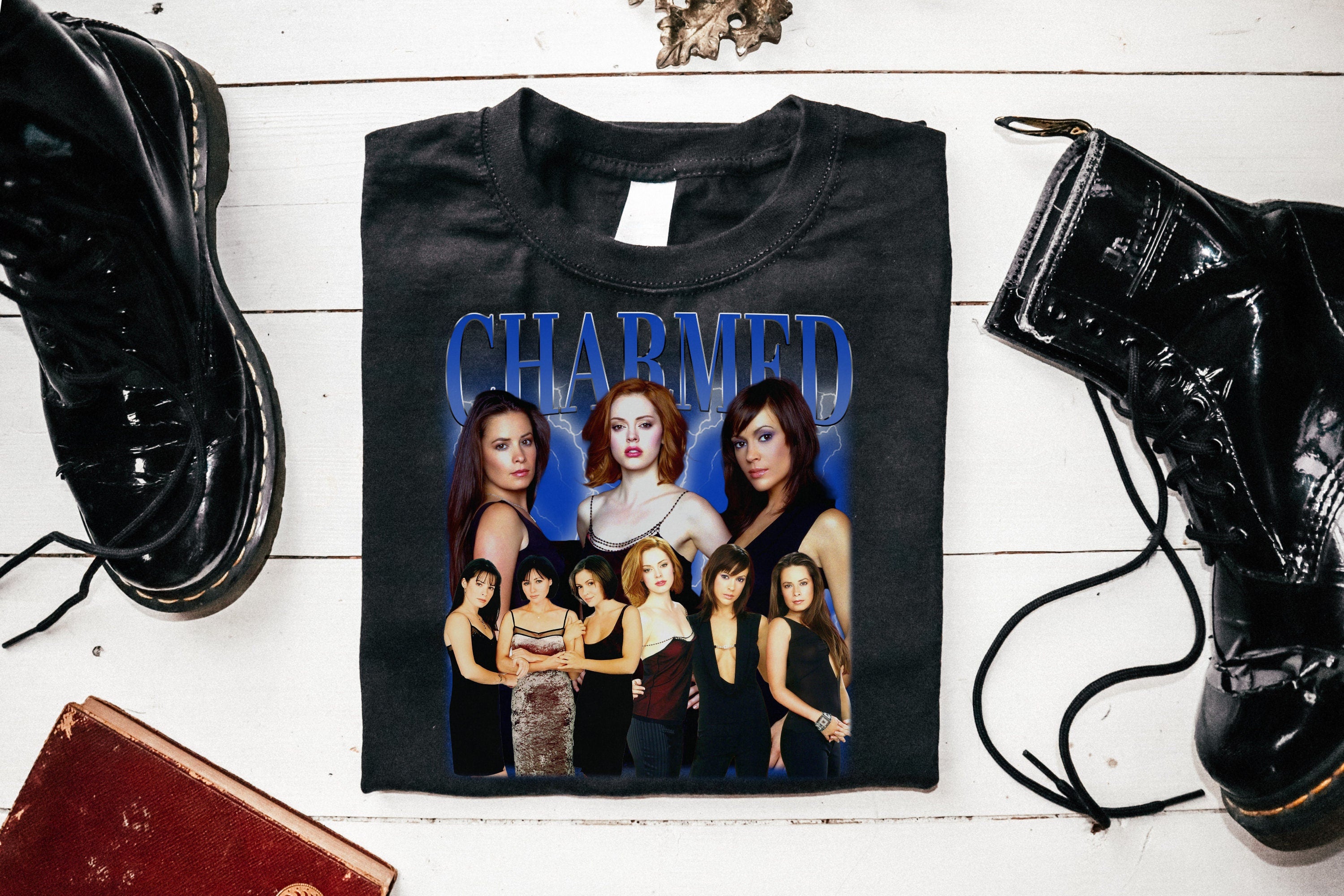 Charmed TV Series Unisex Vintage T-Shirt - Halliwell Sisters (Prue, Piper, Phoebe, Paige) - 90s Witches Shirt for Fans - Perfect for Halloween, Cosplay, and Witch-Themed Parties