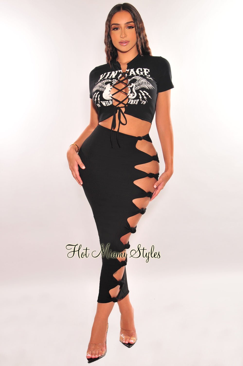 Sexy Black High Waist Cut Out Knitted Bodycon Skirt with Side Slit - Women's Fashion Stretch Mini Skirt for Night Out, Party & Date Night