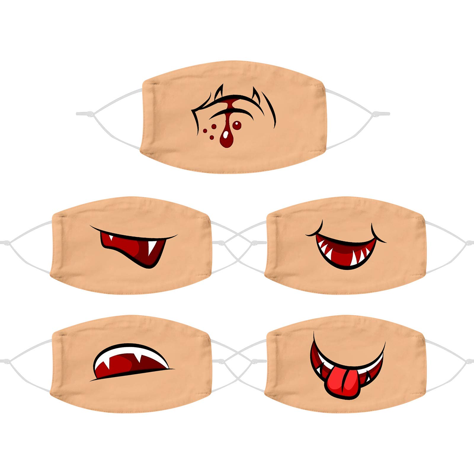 5-Pack Funny Face Masks for Women & Adults - Washable, Reusable Cotton Dust Protection with Cute Expression Designs - Perfect for Daily Use, Outdoor Activities, and Costume Parties