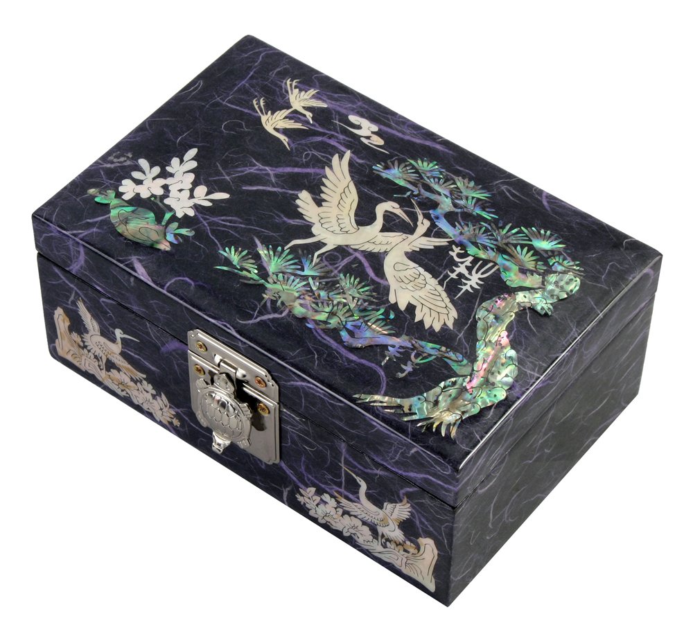 Antique Mother of Pearl Inlaid Wooden Jewelry Box - Handcrafted Treasure Chest Organizer for Rings, Necklaces & Keepsakes (Crane Pine Purple) | Perfect for Gift Giving, Wedding Jewelry Storage & Home Decor
