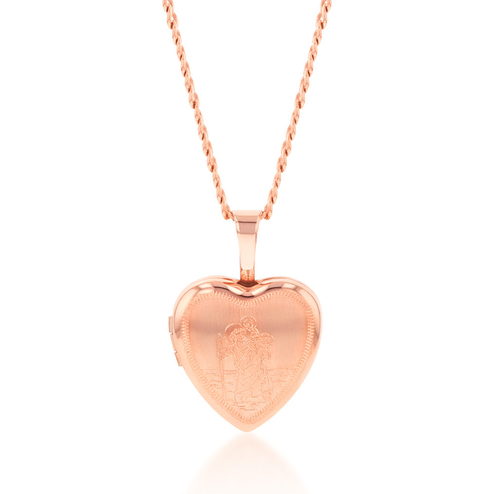 9ct Rose Gold Heart St. Christopher 12mm Locket Pendant Necklace - Perfect for Travel Protection, Gifts & Everyday Jewelry