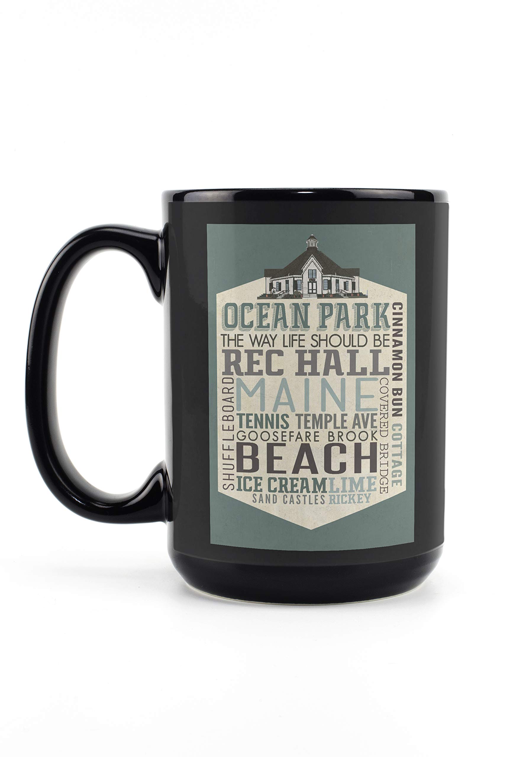 Lantern Press Ocean Park Maine Typography Contour 15oz Black Ceramic Coffee Mug - Dishwasher & Microwave Safe - Perfect for Home, Office & Gifts