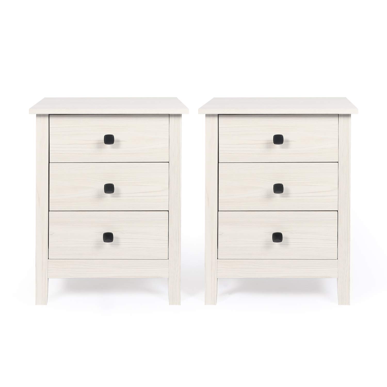 GBU Wooden Nightstands Set of 2 - 3-Drawer Bedside End Tables with Large Storage, White Wood Grain - Perfect for Bedroom Furniture & Home Organization