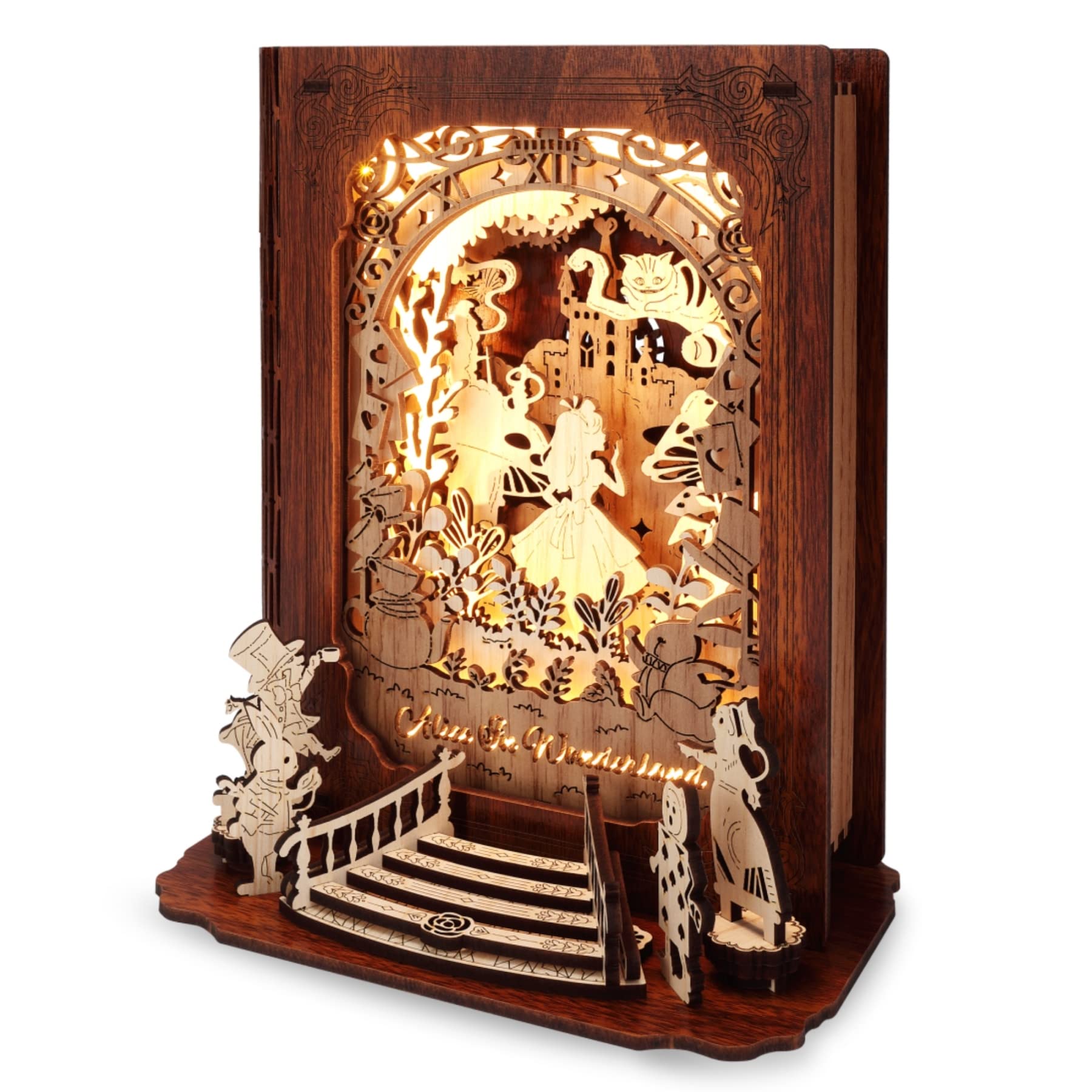 FUNPOLA 3D Puzzle Story Book Lamp - DIY Wooden LED Night Light for Kids & Adults | Alice in Wonderland Themed Bedside Decor | Perfect for Nursery, Bedroom & Gift Giving