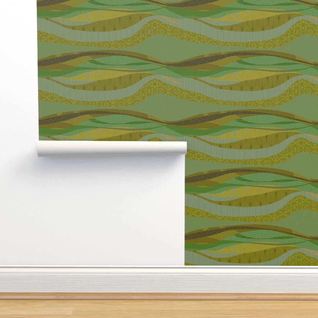 Premium Commercial Grade Wallpaper 27ft x 2ft - Midcentury Modern Minimalist Olive Green Landscape Design | Peel & Stick Wallpaper for Living Room, Bedroom, Office Decor | Spoonflower
