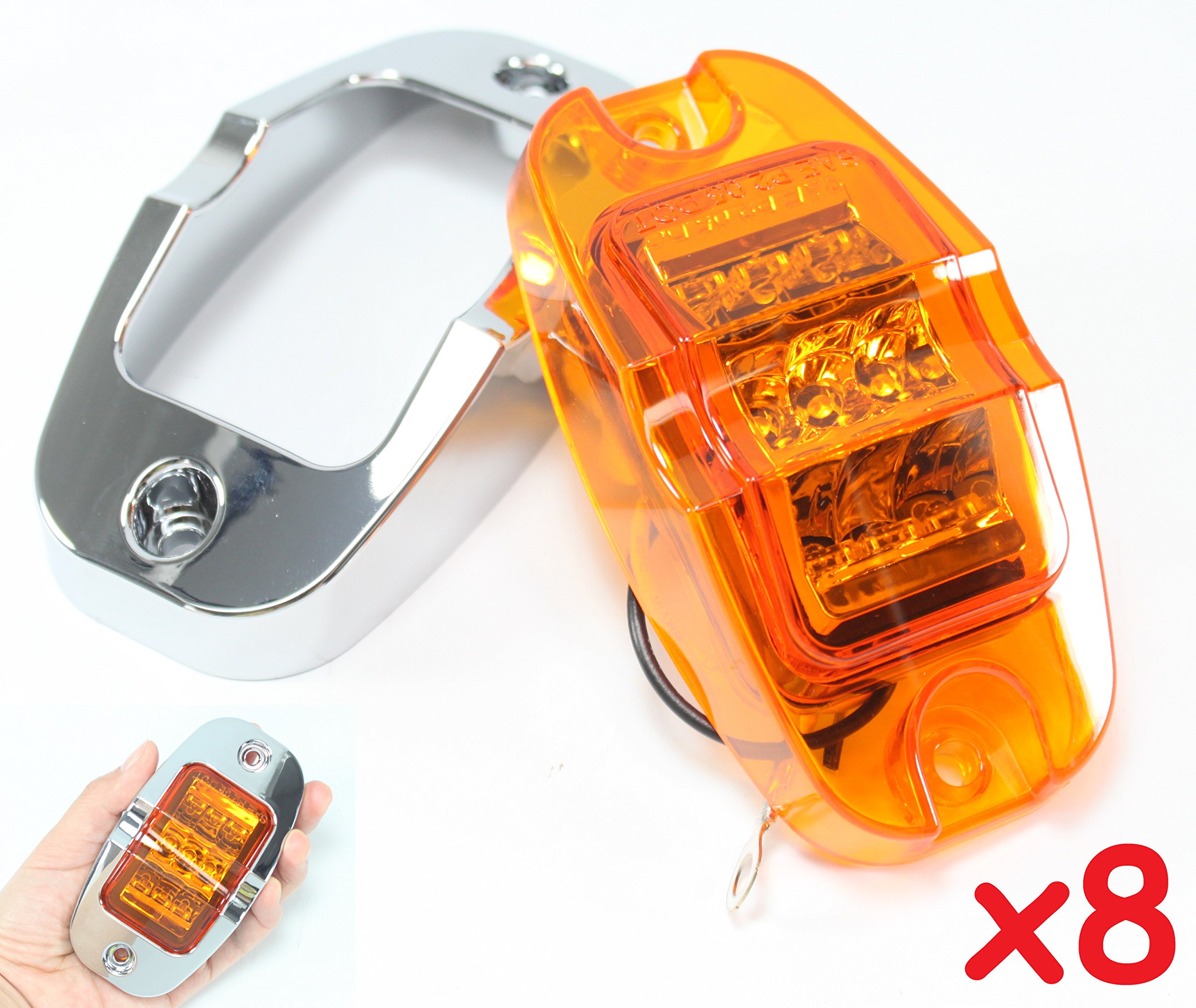 8 Amber LED Truck Trailer Mid-Turn Side Marker Clearance Lights - Extra Bright with Chrome Bezel for RV, Semi Trucks & Commercial Vehicles - Durable Waterproof Design for Night Driving & Highway Safety