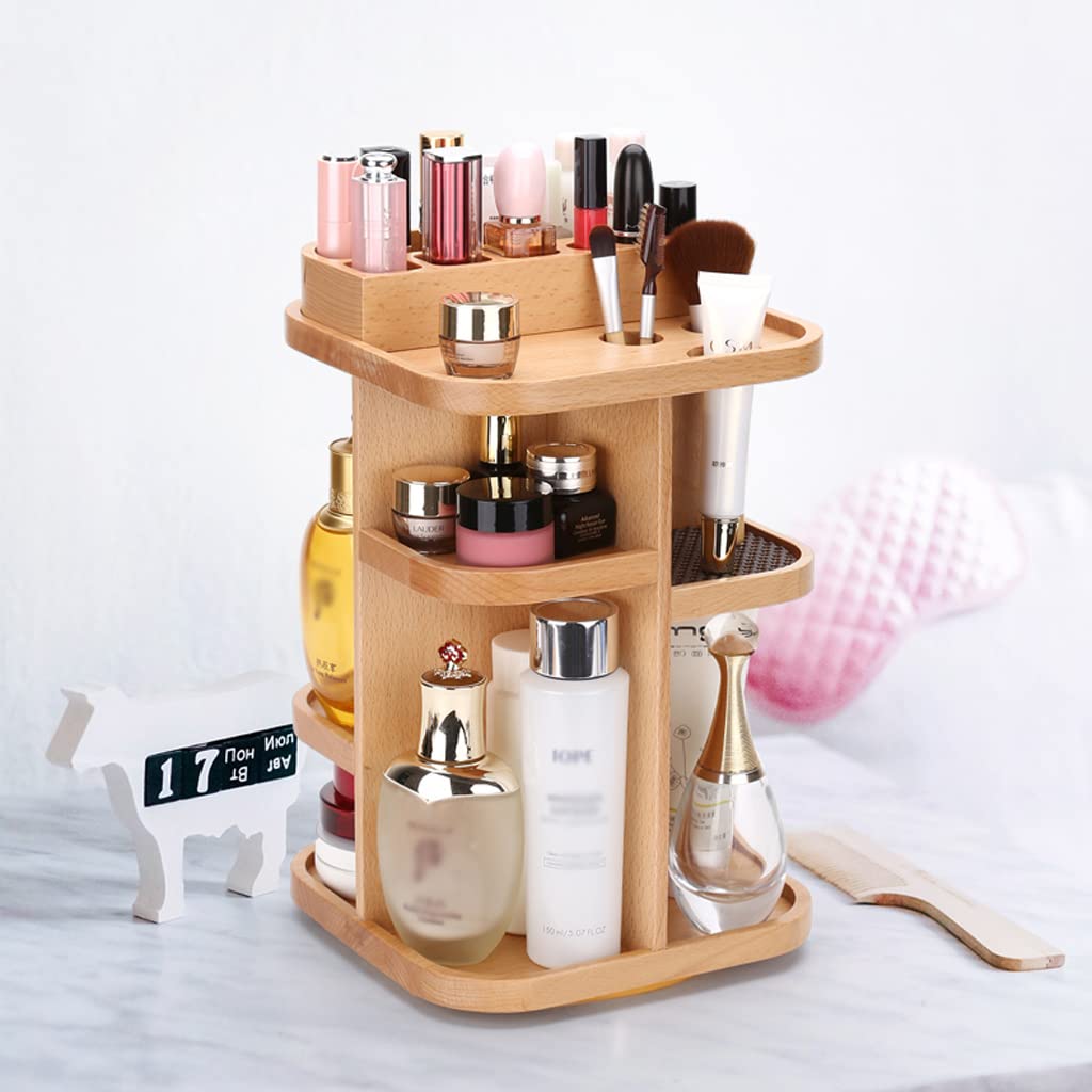 360° Rotating Makeup Organizer - Beech Wood Cosmetic Carousel for Makeup, Skincare & Toiletries Storage | Spinning Vanity Organizer with Multi-Tier Design | Perfect for Bathroom Counter, Dressing Table, Bedroom & Closet Organization (Natural Beech)