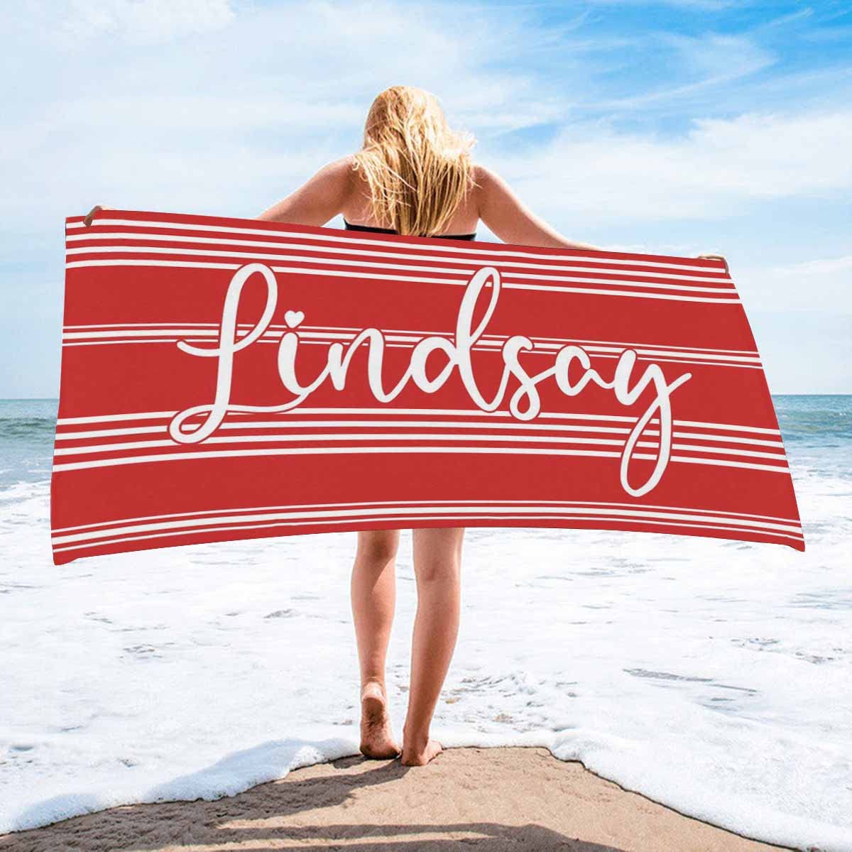 Custom Personalized Beach Towel for Adults - Red Striped with Name - Large Soft Quick Dry Towel for Pool, Beach, Vacation & Travel