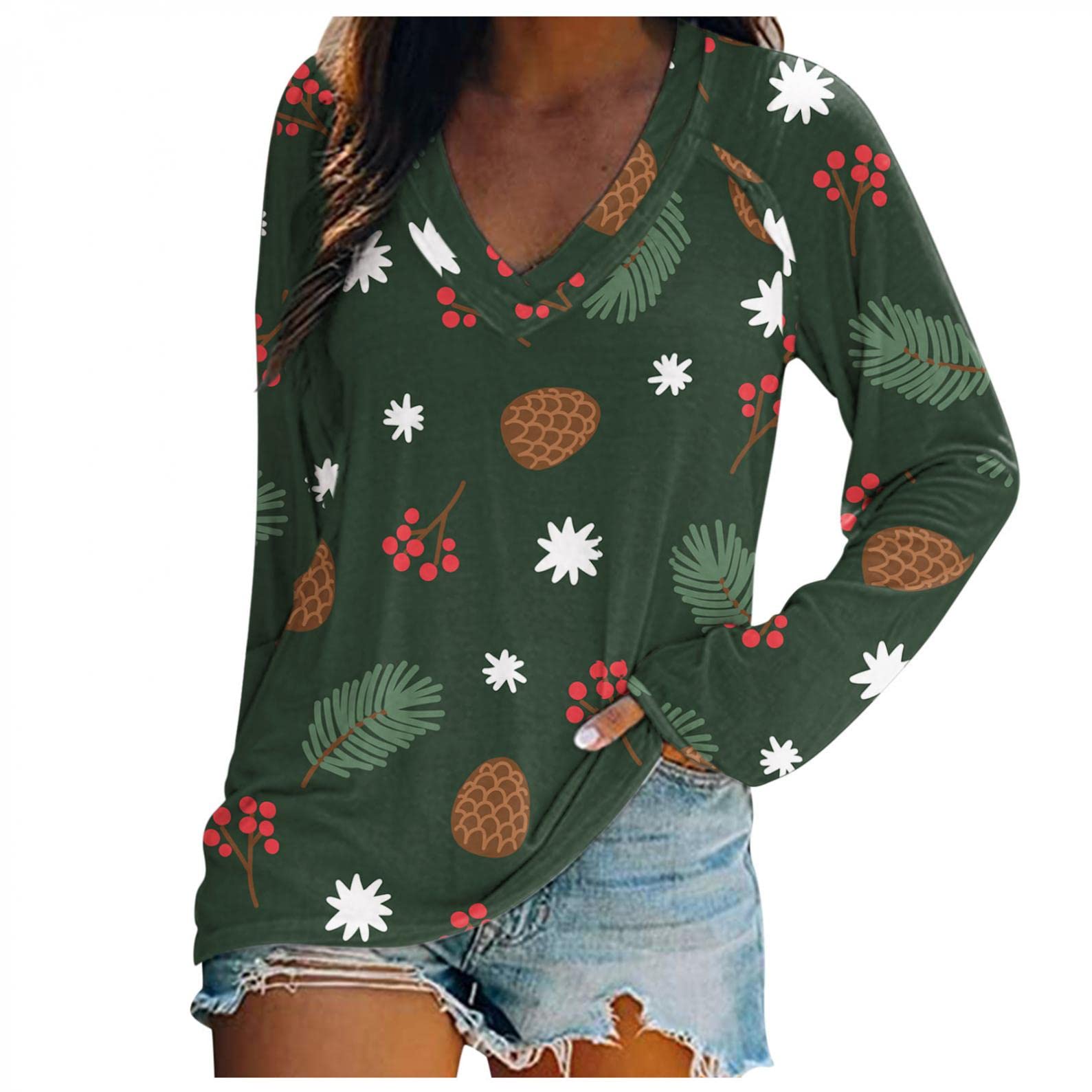 PHSHY Women's Long Sleeve V-Neck T-Shirt - Christmas Tree Printed Casual Loose Fit Basic Tee - Soft Comfortable Loungewear & Blouse for Holiday Parties, Christmas Gifts & Cozy Winter Wear