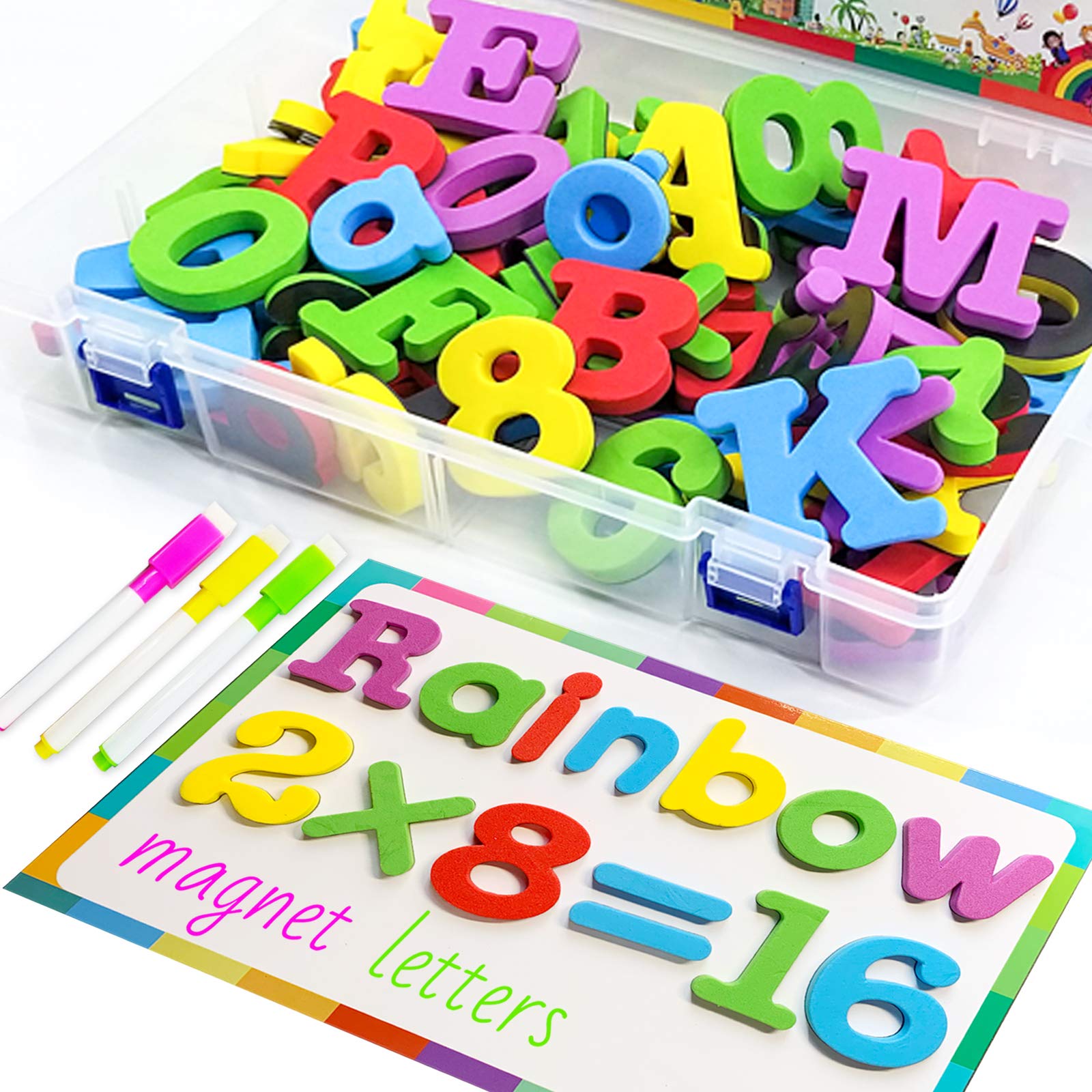AICTIMO Magnetic Alphabet Letters and Numbers Set with Magnet Boards - 84 pcs ABC Uppercase Lowercase, Shapes for Kids Toddlers - Perfect for Classroom, Homeschool, Preschool Learning & Spelling Practice - Fun Cartoon Design for Early Childhood Education
