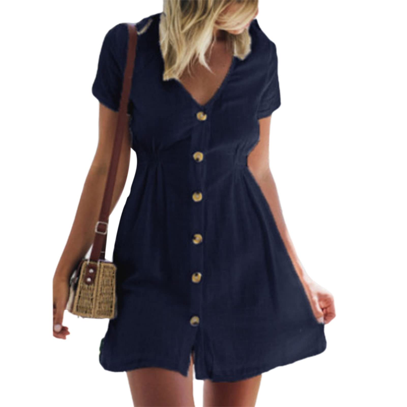 Women's High Waist V-Neck A-Line Short Sleeve Dress - Casual Summer Flowy Dress for Daily Wear, Office, Dating & Weekend Outings