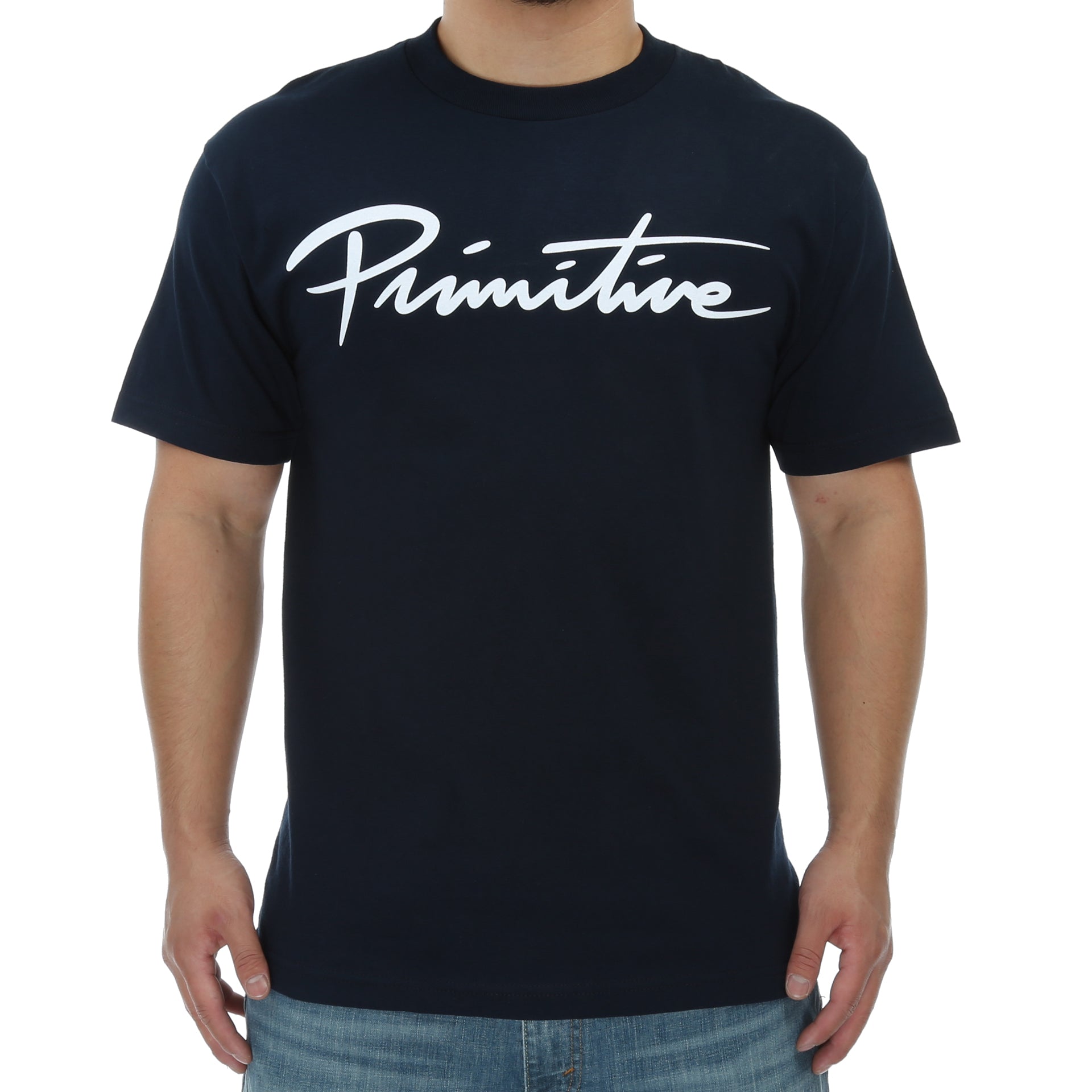 Primitive Nuevo Script Graphic T-Shirt for Men - Navy Blue Casual Streetwear Tee - Perfect for Everyday Wear & Urban Fashion