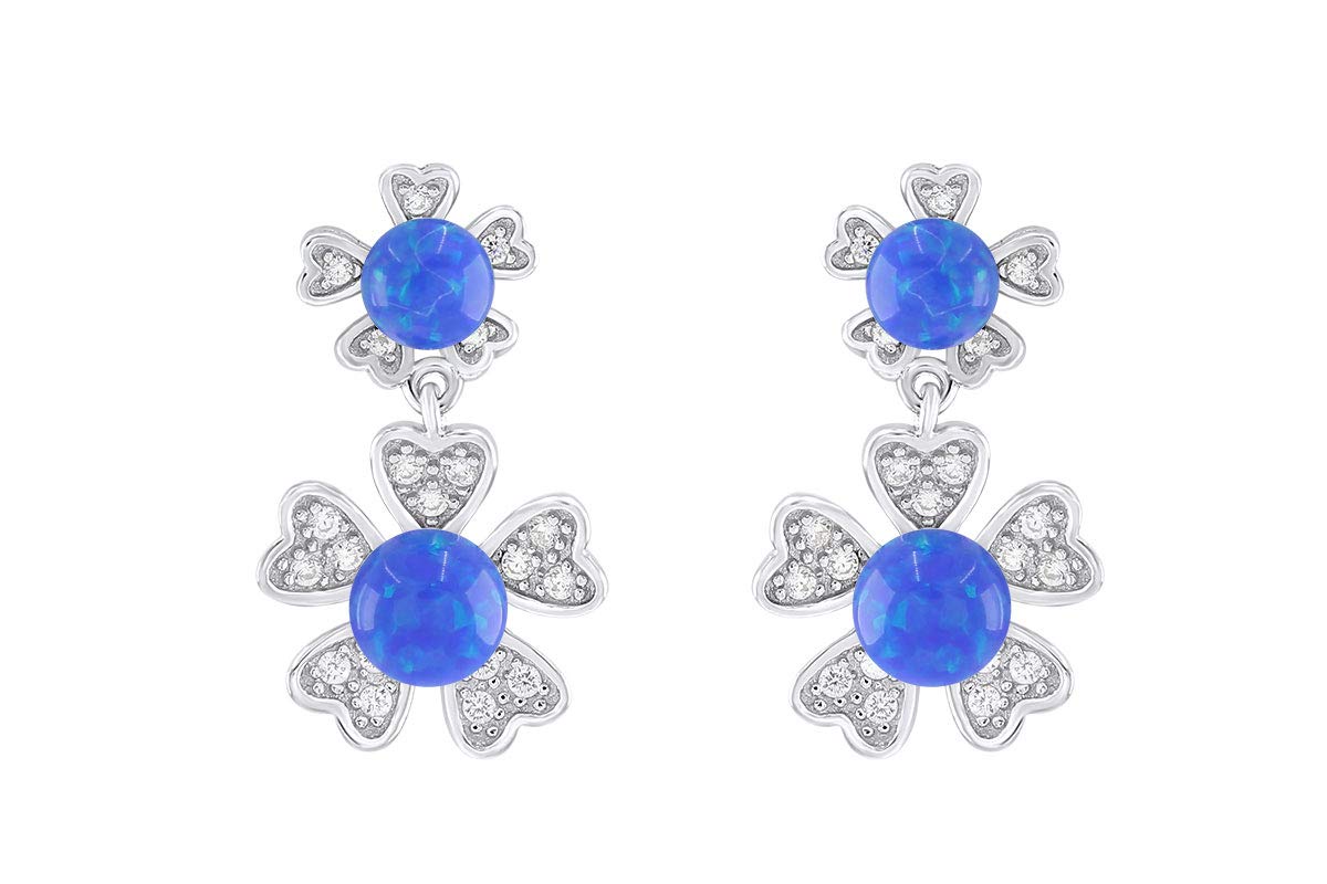 14k White Gold Over Sterling Silver Round Simulated Opal & Cubic Zirconia Flower Dangle Earrings | Elegant Jewelry for Weddings, Parties & Special Occasions
