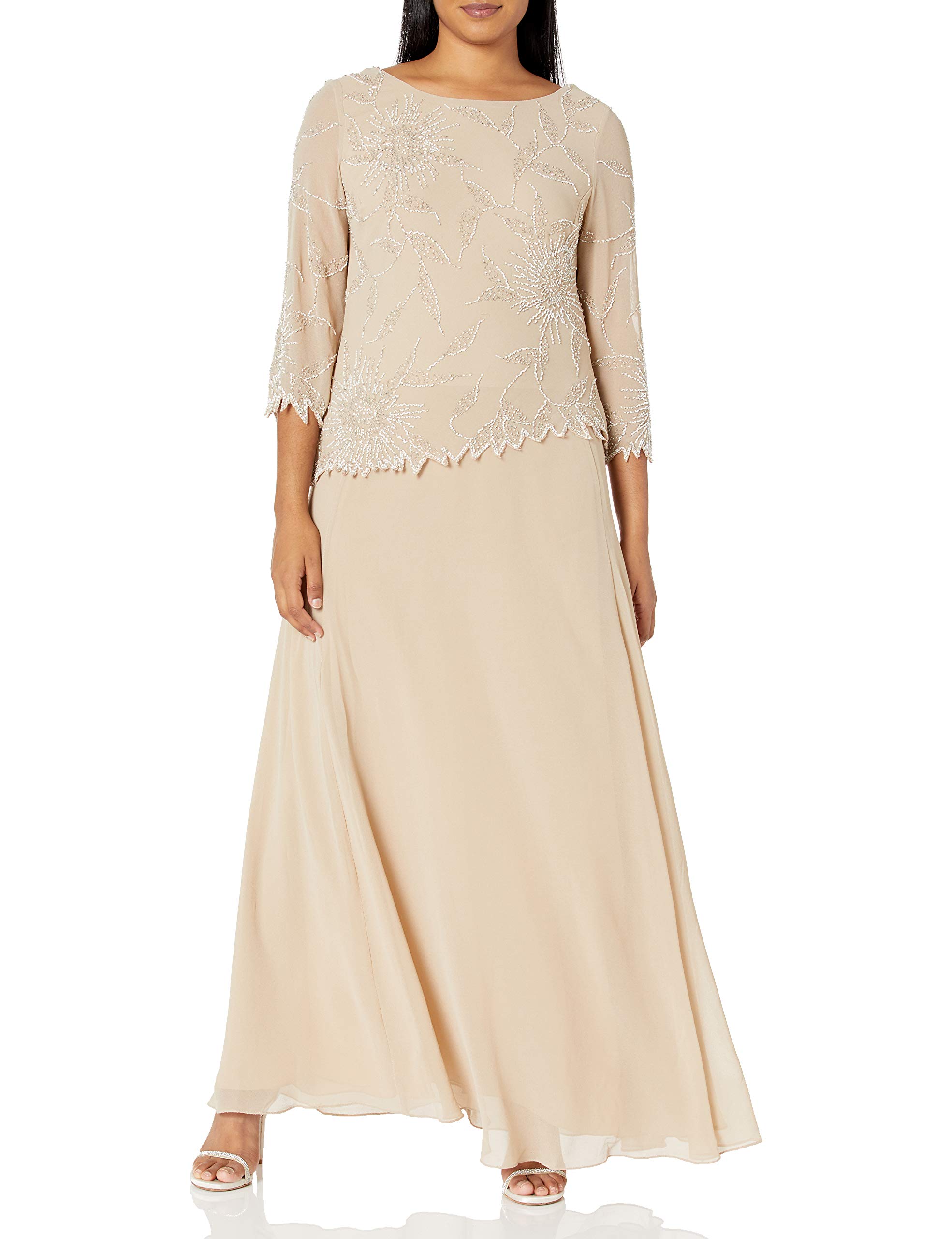 J Kara Plus Size Women's Beaded Scoop Neck 3/4 Sleeve Long Dress - Elegant Evening Wear for Parties, Weddings & Special Occasions