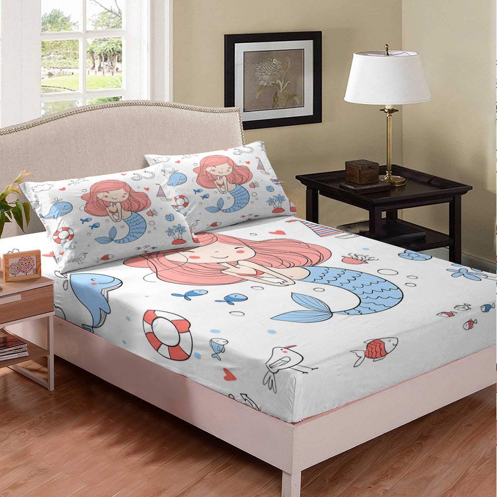 Mermaid & Whale Print Kids Fitted Sheet Set - Twin XL Cartoon Ocean Theme Bedding (1 Fitted Sheet + 1 Pillowcase) for Girls' Room Decor | Soft & Warm Duvet Cover for Teens & Children | Perfect for Underwater Themed Bedrooms & Nursery Decor