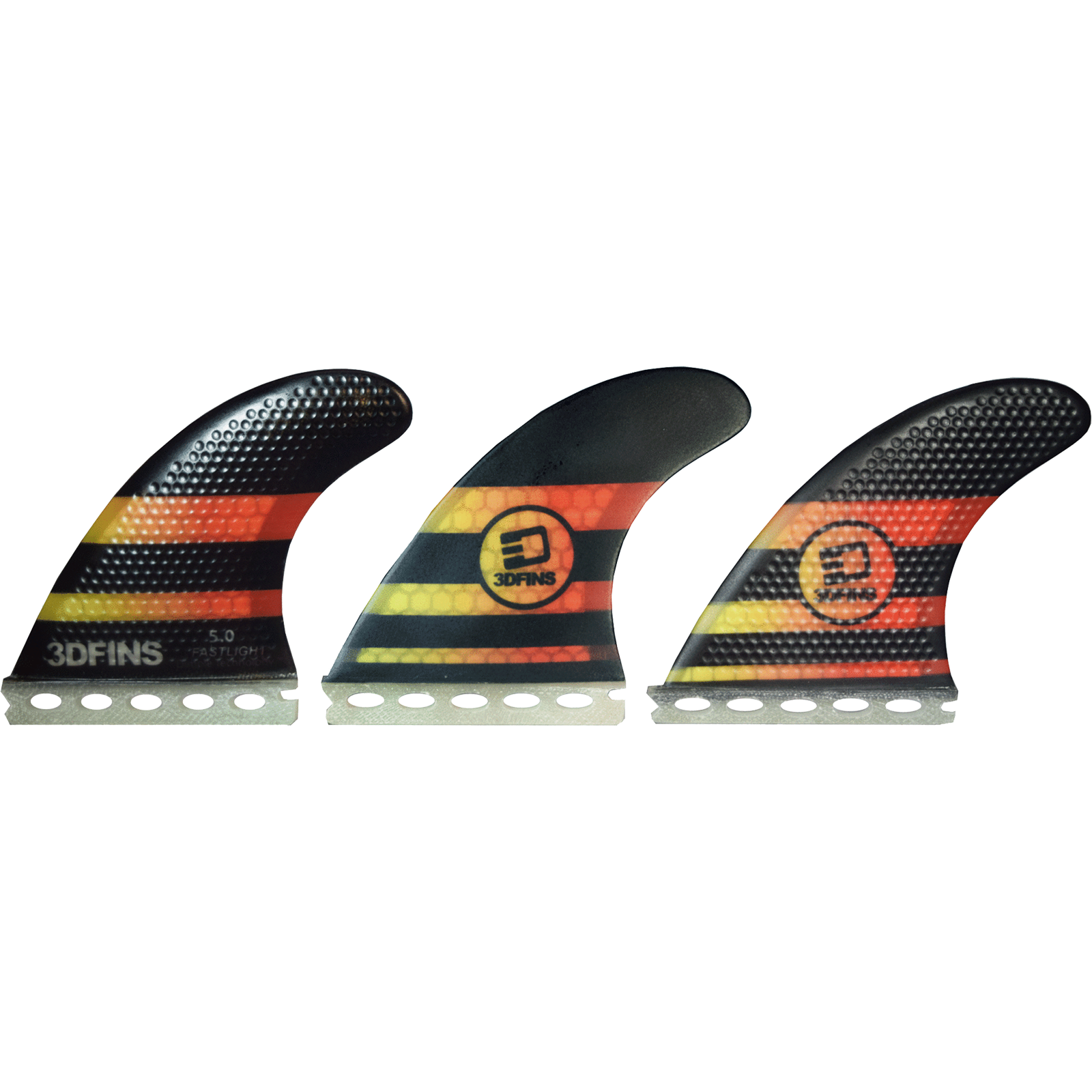 3D Fastlight Thruster 5.0 Medium Full Base Surfboard Fins - Set of 3 (Black/Yellow/Red) - Perfect for Performance Surfing, Wave Riding & Board Control