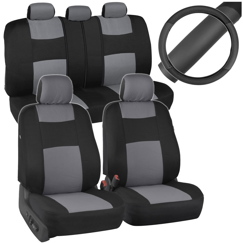 Premium Gray & Black Car Seat Covers with Split Bench Design & PU Perforated Steering Wheel Cover - Universal Fit for Cars, Trucks & SUVs - Comfort & Style for Daily Commute, Road Trips & Long Drives