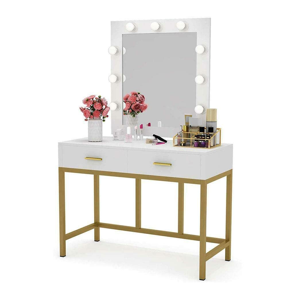 Popel 9-LED Lighted Makeup Vanity Table Set with Mirror & 2 Drawers - White Dressing Desk for Bedroom, Perfect for Makeup Application and Beauty Routine Organization