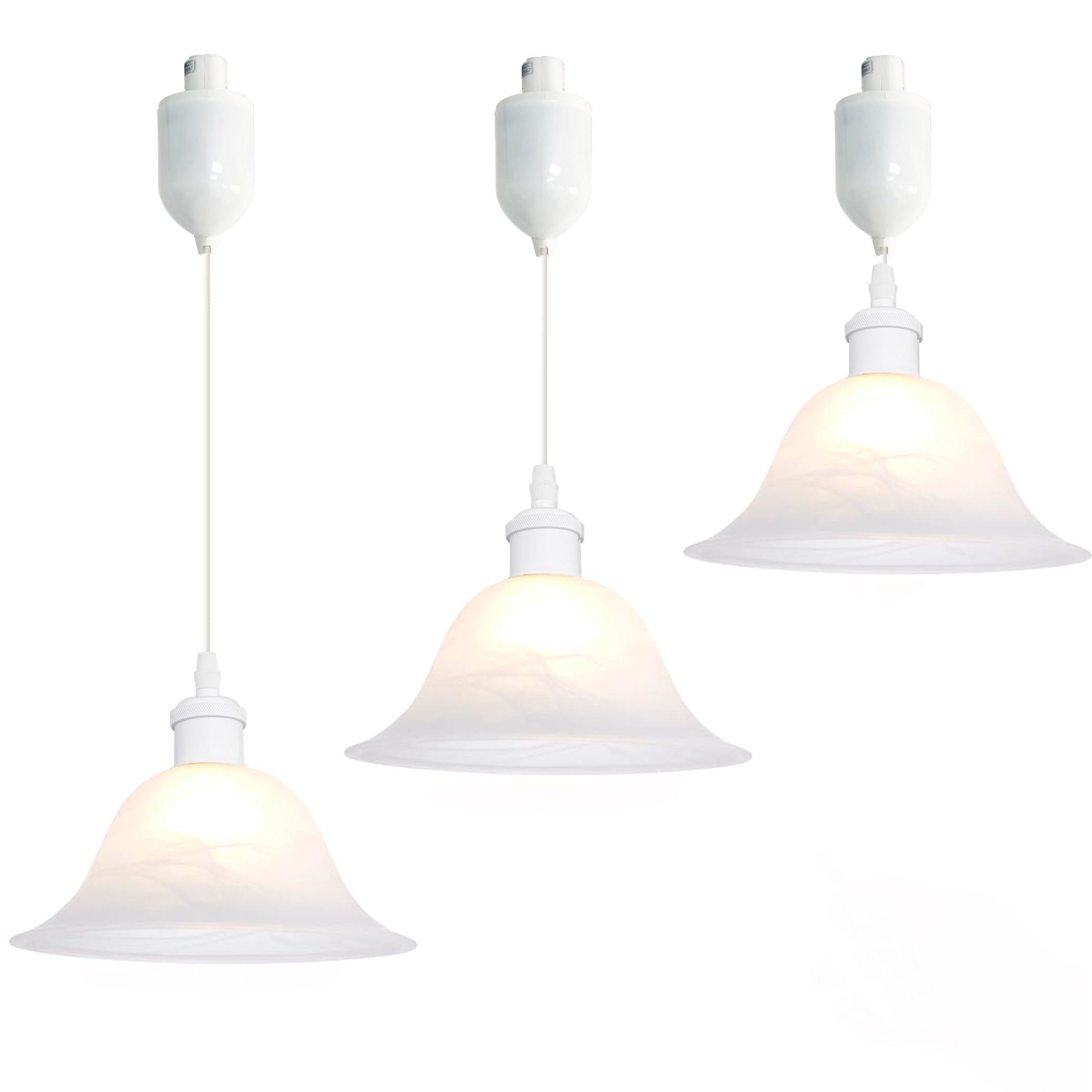 Modern Adjustable Height J-Type Track Lighting Pendants with Alabaster Glass Shade - 3-Light White Track Light Fixture for Kitchen Island, Hallway & Dining Room - Energy Efficient LED Compatible