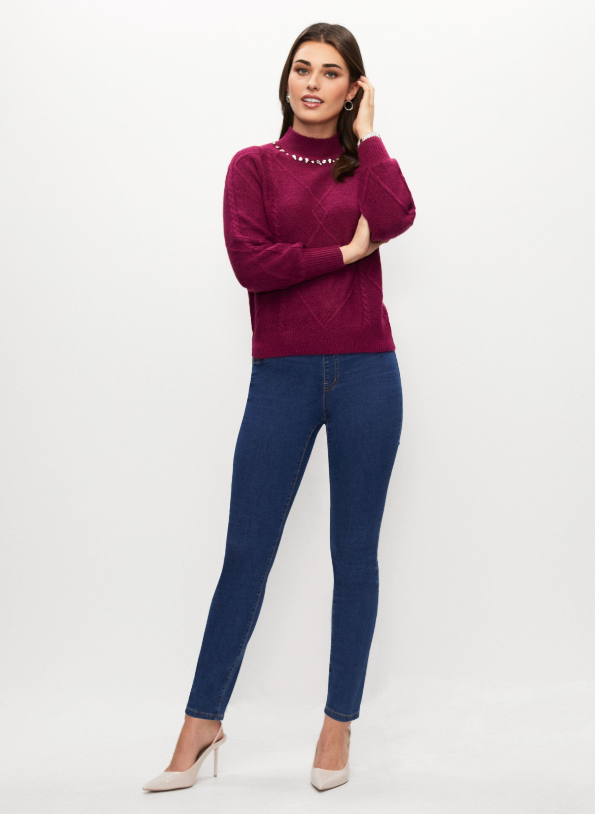Embellished Sweater & Straight Leg Jeans for Women - Trendy Knit Top & Slim Fit Denim Pants - Perfect for Casual Outings, Date Nights & Fall Layering