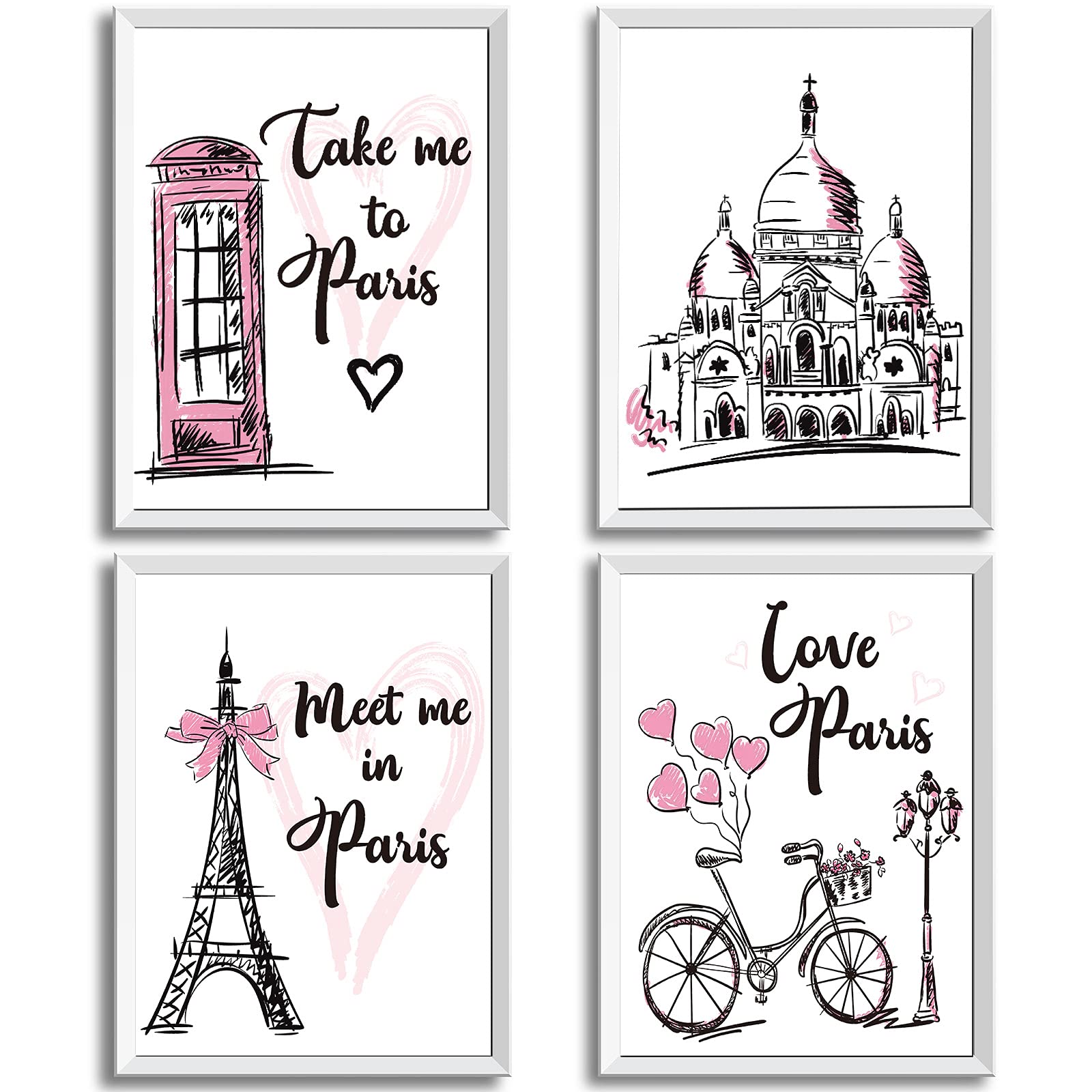 Outus 4-Piece Paris Wall Art Set - Pink Eiffel Tower Prints, Romantic Unframed Posters (8x10 Inch) for Bedroom, Living Room, Bathroom & Office Decor | Perfect for Girls' Rooms, French-Themed Home & Gift Ideas