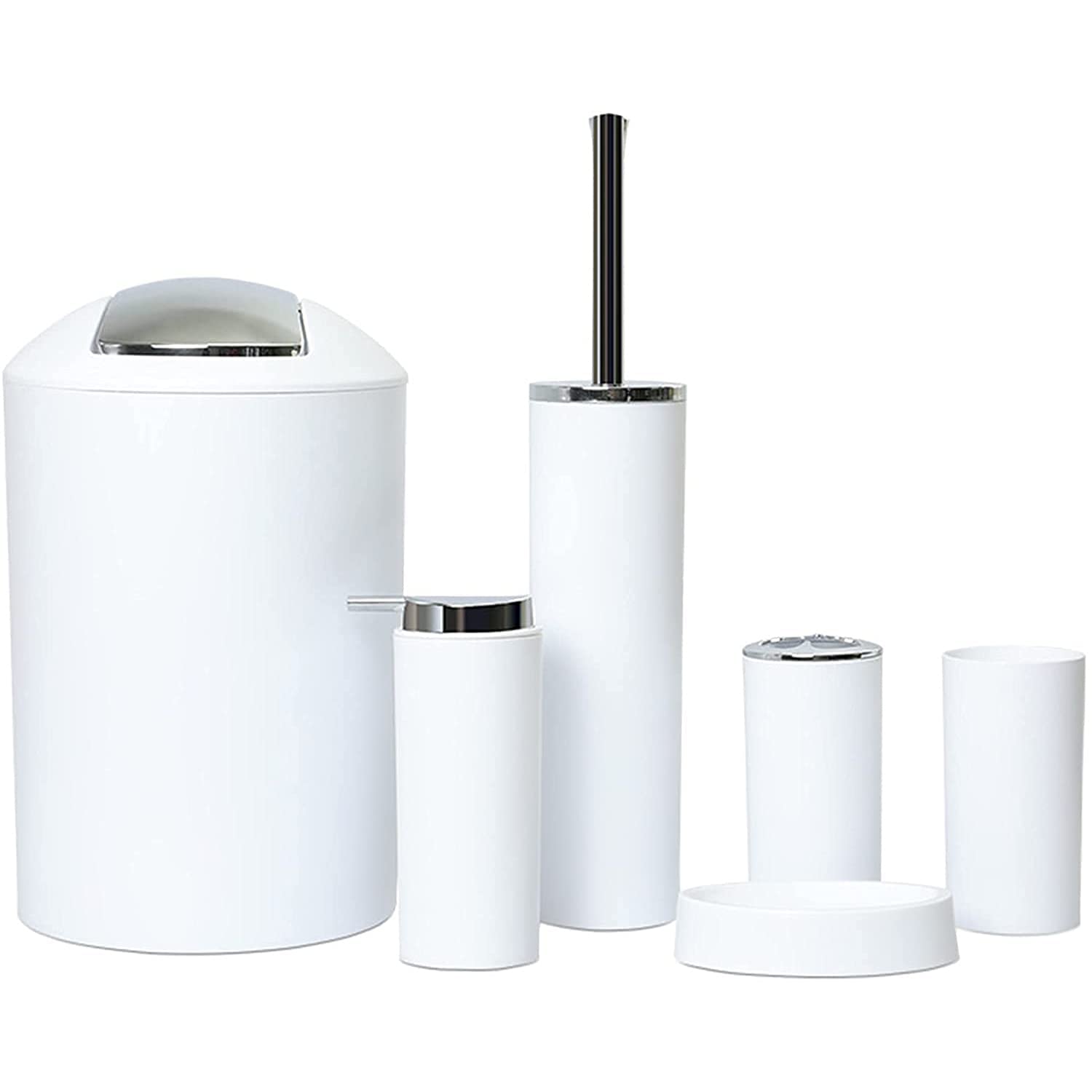 GAXQFEI 6-Piece Bathroom Accessories Set - Plastic Toothbrush Holder, Rinse Cup, Soap Dish, Soap Dispenser, Waste Bin & Toilet Brush with Holder in White | Modern Bathroom Organization for Home & Hotel Use