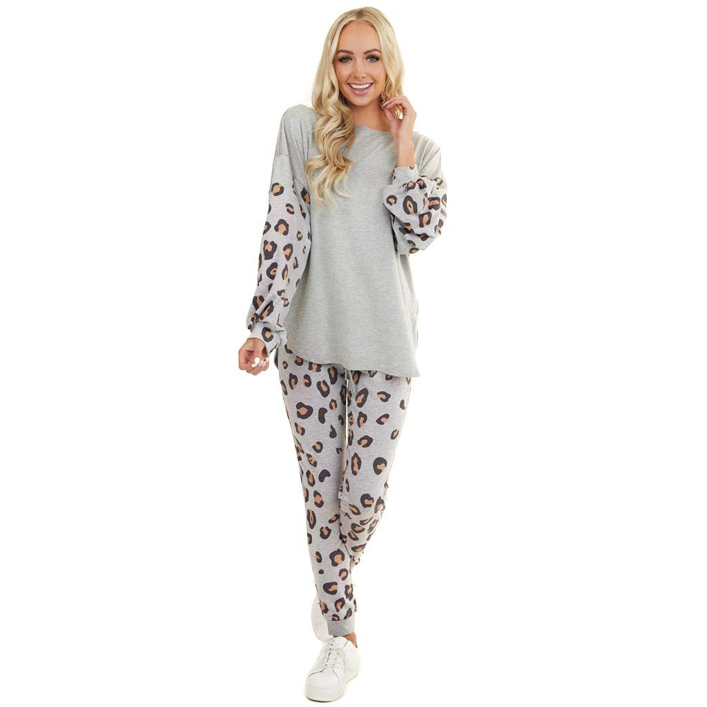 Women's Leopard Print Tracksuit Set - 2 Piece Lounge Wear, Casual Pants & Top Outfit for Women, Grey - Perfect for Home, Gym, Yoga & Running