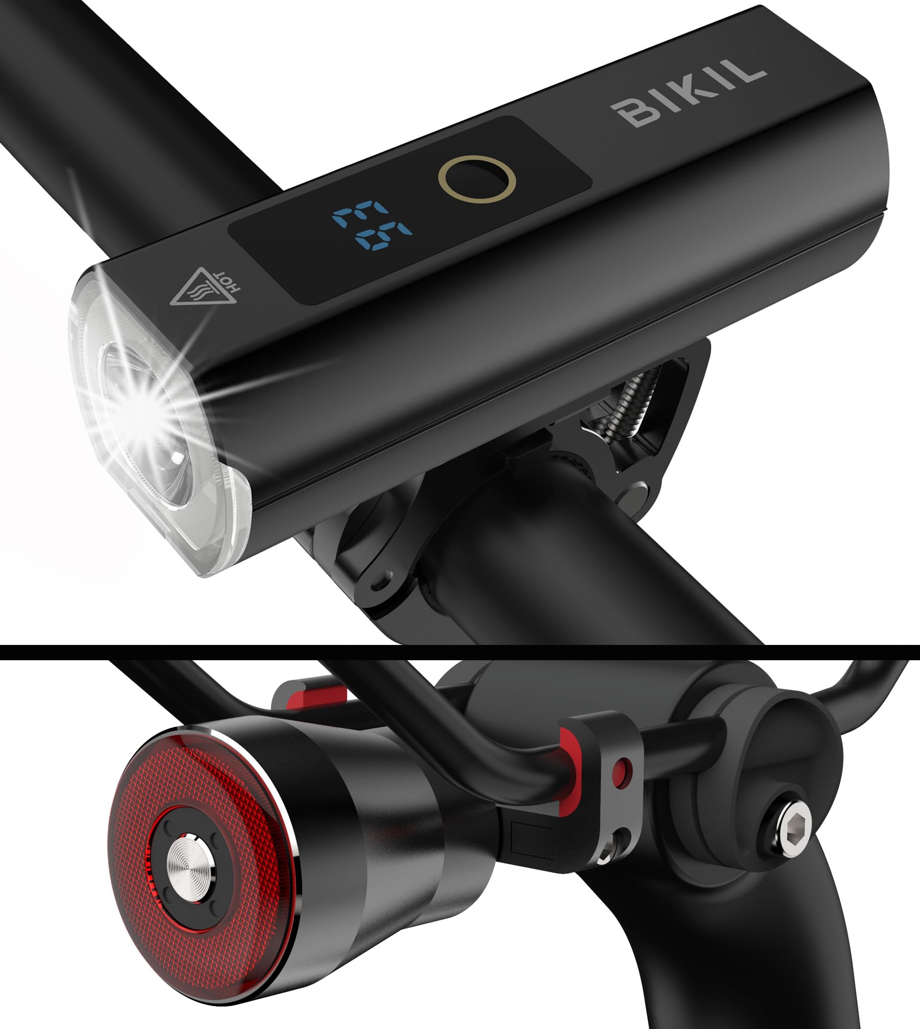 BIKIL Lumiere Aluminum Front & Rear Bike Light Set - 5000mAh USB-C Rechargeable, Smart Rear Light with Battery Indicator - Powerful LED Bicycle Headlight for MTB & Road Cycling - Perfect for Night Commuting & Trail Adventures