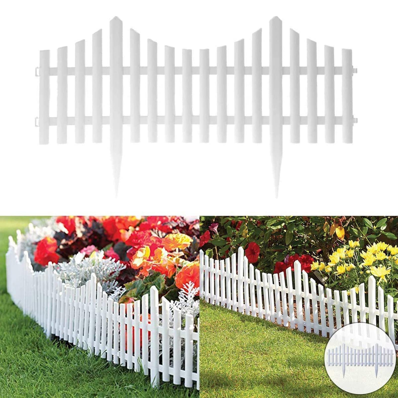 DYZ 4-Pack White Plastic Picket Fence Panels - Spliceable Garden Edging for Indoor/Outdoor Lawn & Flower Bed Decoration - Perfect for Landscaping, Yard Borders, and DIY Home Garden Projects