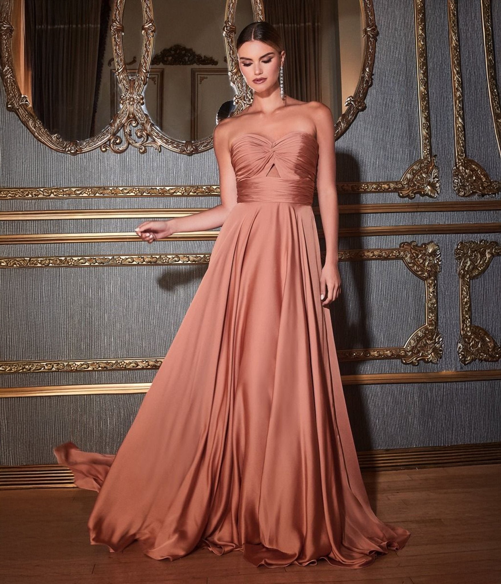 Ladivine by Cinderella Divine Rose Gold Long Satin Strapless Keyhole Prom Dress - Elegant Formal Gown for Homecoming, Quinceañera & Evening Parties