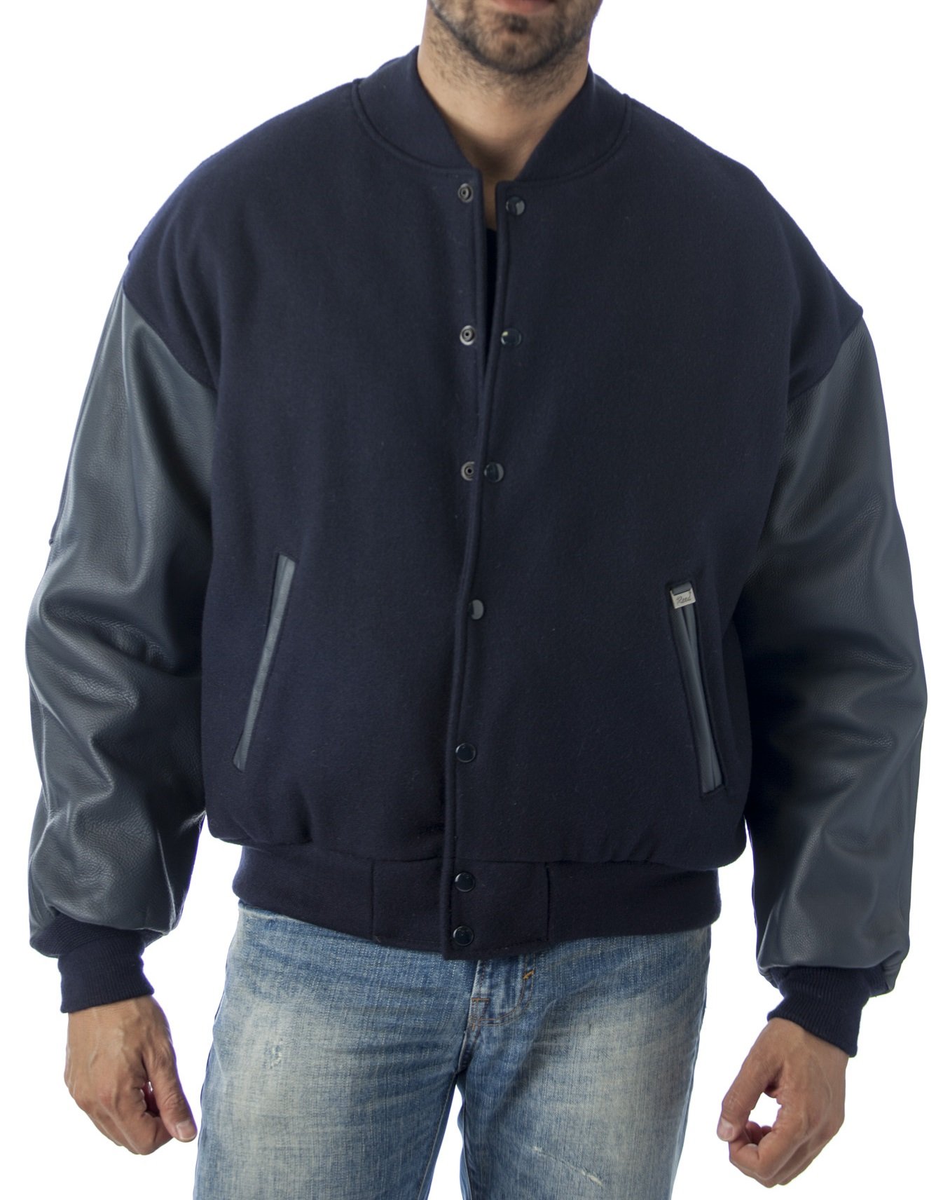 REED Men's Premium Varsity Leather & Wool Jacket - Made in USA - Classic Bomber Style for Casual Wear & Outdoor Activities