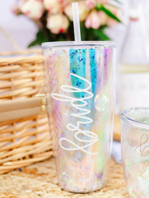 Sparkling Glitter & Iridescent Wedding Tumbler - 20oz Stainless Steel Insulated Cup for Bride, Bridesmaids & Bachelorette Party - Perfect for Wedding Showers, Rehearsal Dinners & Honeymoon Travel
