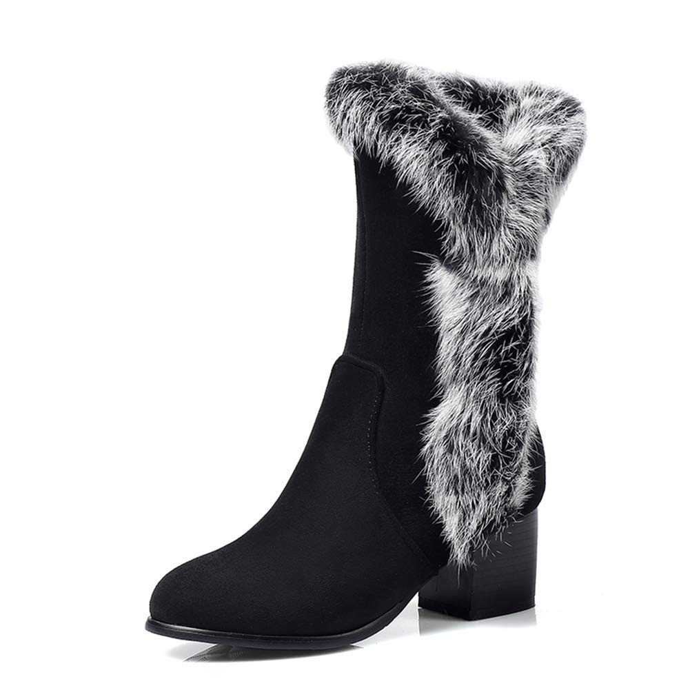LINEZE Women's Winter Black Faux Fur Snow Boots - Chunky Mid Heel Ankle Boots with Side Zipper for Warmth & Style | Perfect for Snowy Days, Parties & Winter Fashion